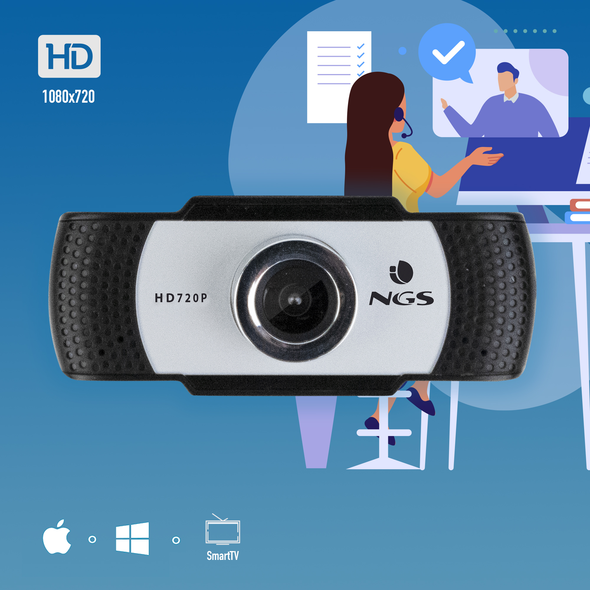Una webcam con il logo NGS. Lo sfondo raffigura una videochiamata con un segno di spunta e una persona.