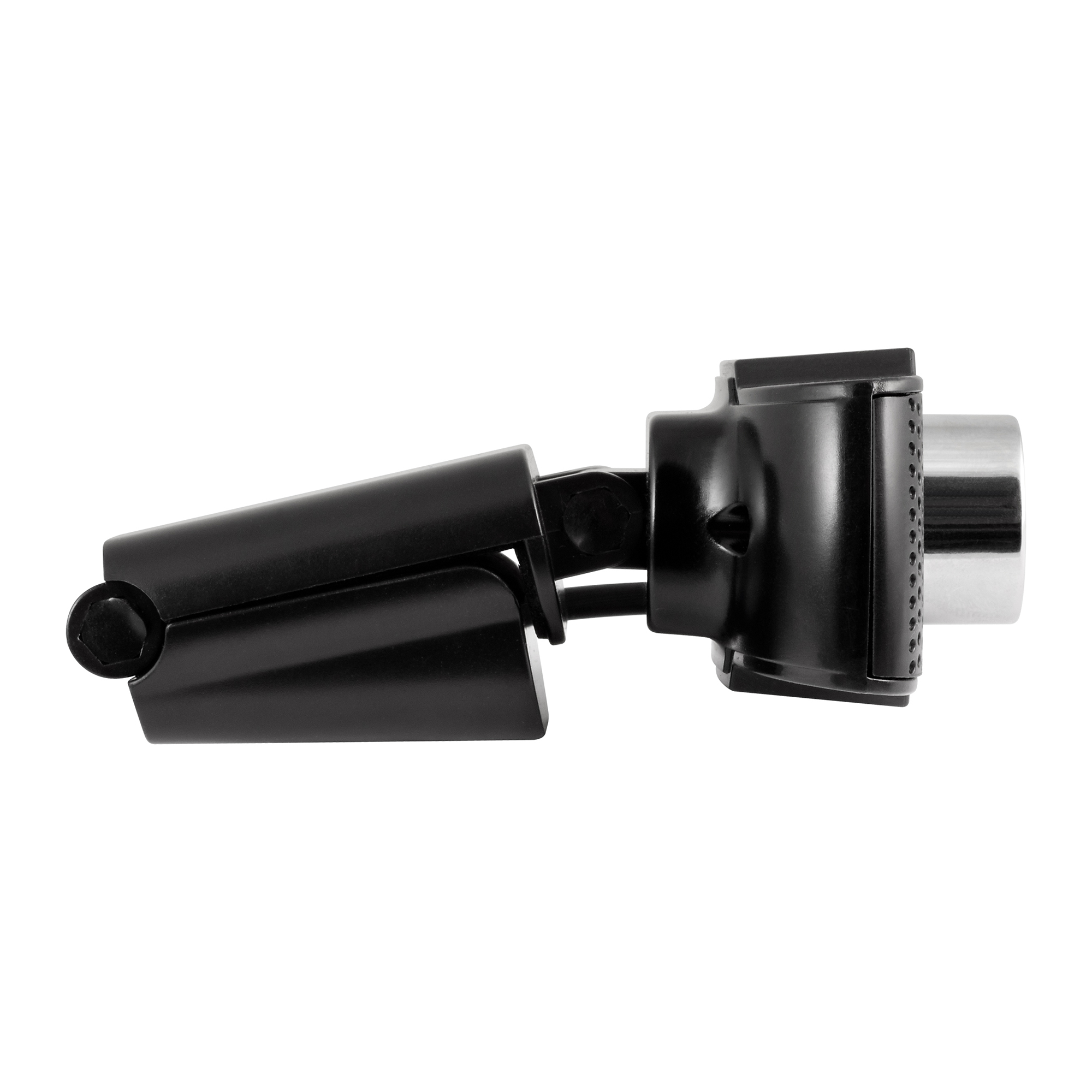 Webcam nera, montata su una superficie, che mostra l'obiettivo e l'hardware di montaggio.