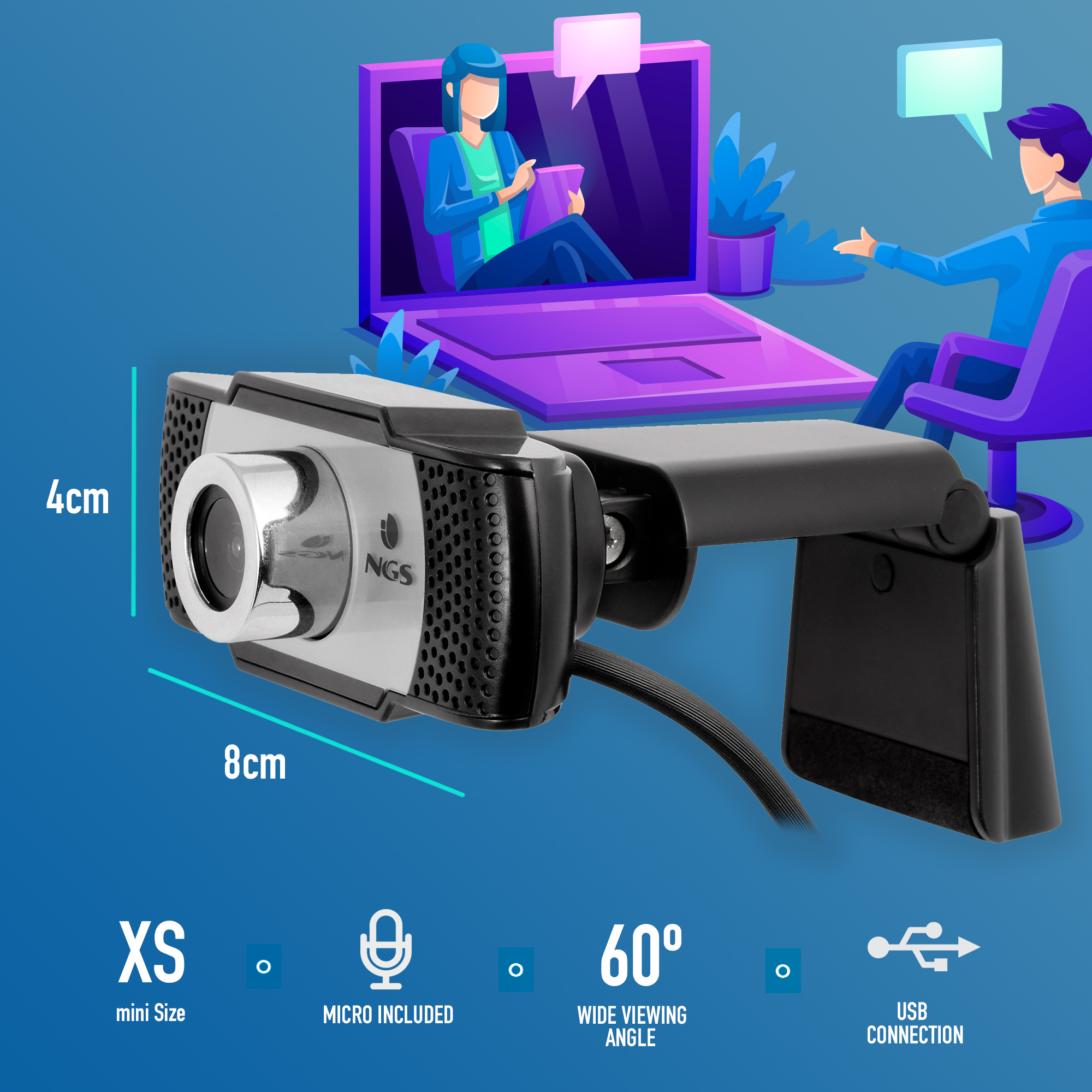 Una webcam NGS argento e nera con specifiche: dimensioni XS, microfono incluso, angolo 60°, USB.