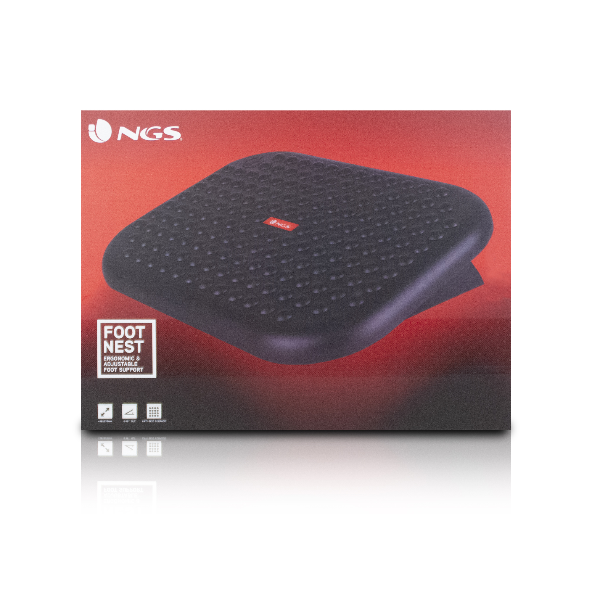Reposapiés negro con superficie texturizada. Caja roja con texto blanco e imagen del producto.