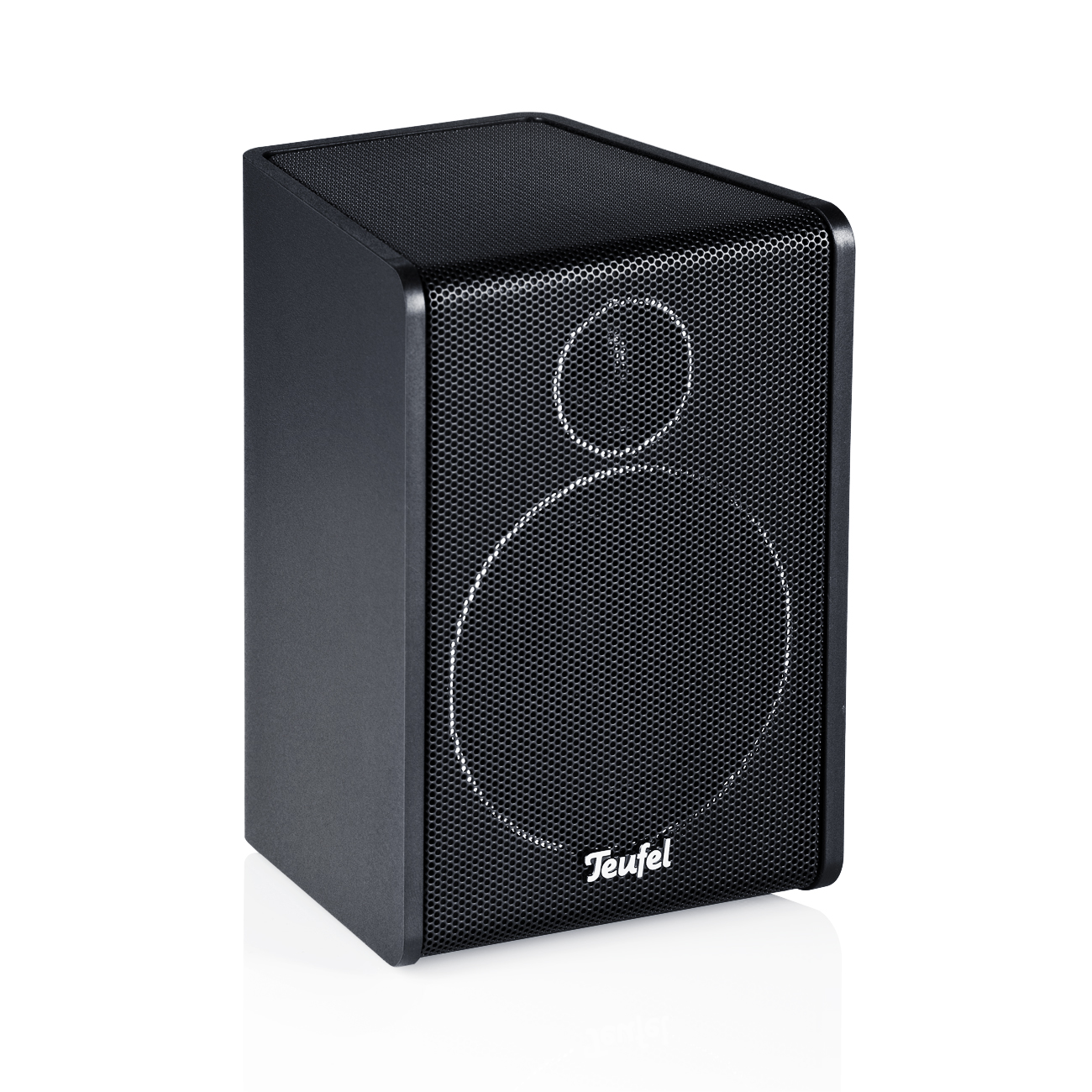 Schwarzer Lautsprecher mit Mesh-Front, Teufel-Logo, auf weißem Hintergrund.