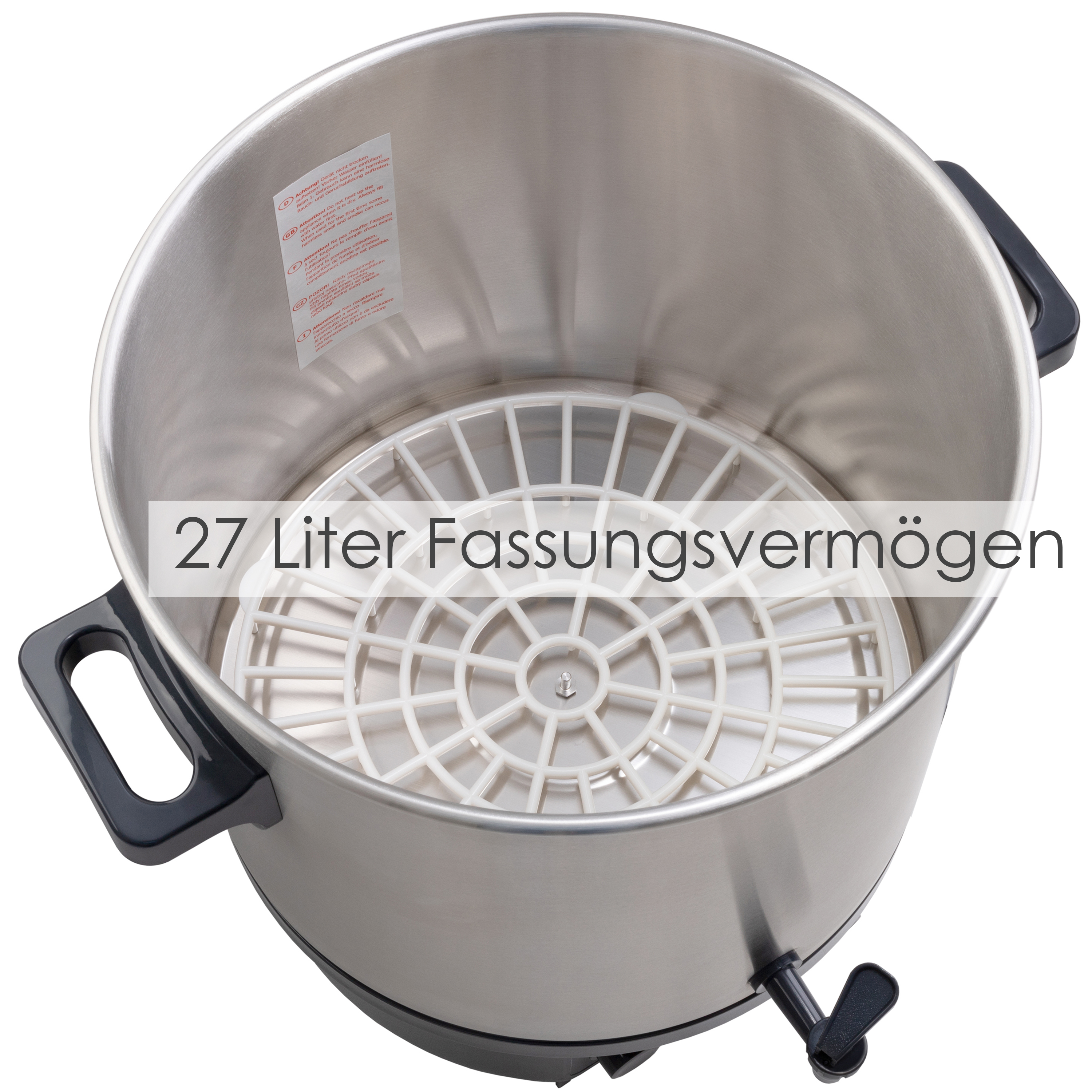 Edelstahltopf mit weißem Kunststoffeinsatz. Text: 27 Liter Fassungsvermögen.
