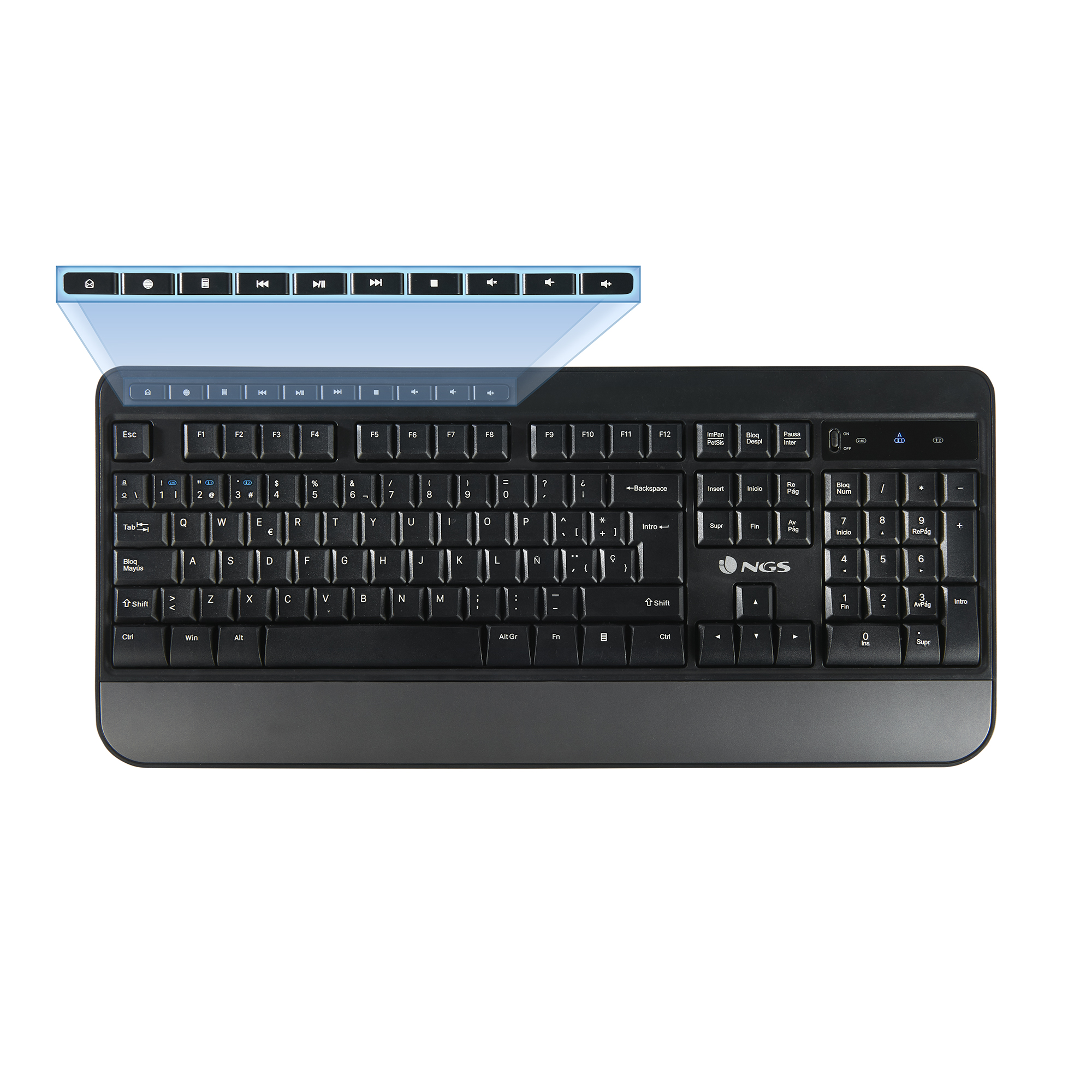 Czarna klawiatura z klawiszami sterowania multimediami. Białe tło.