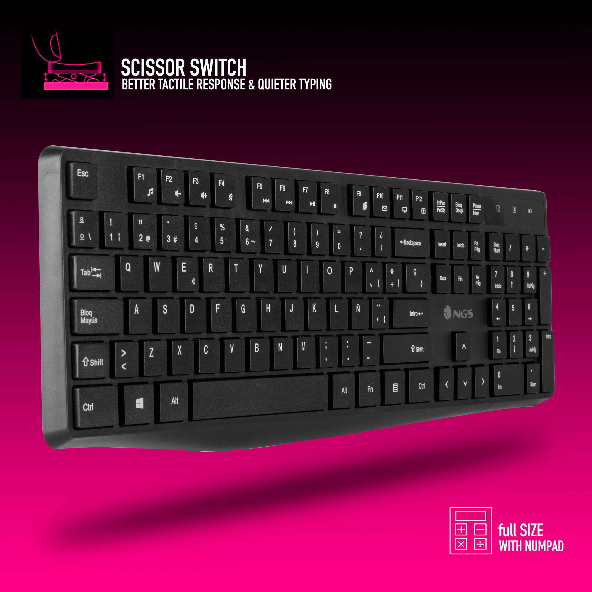 Czarna klawiatura z białymi literami, z różowym tłem i tekstem o przełączniku nożycowym.