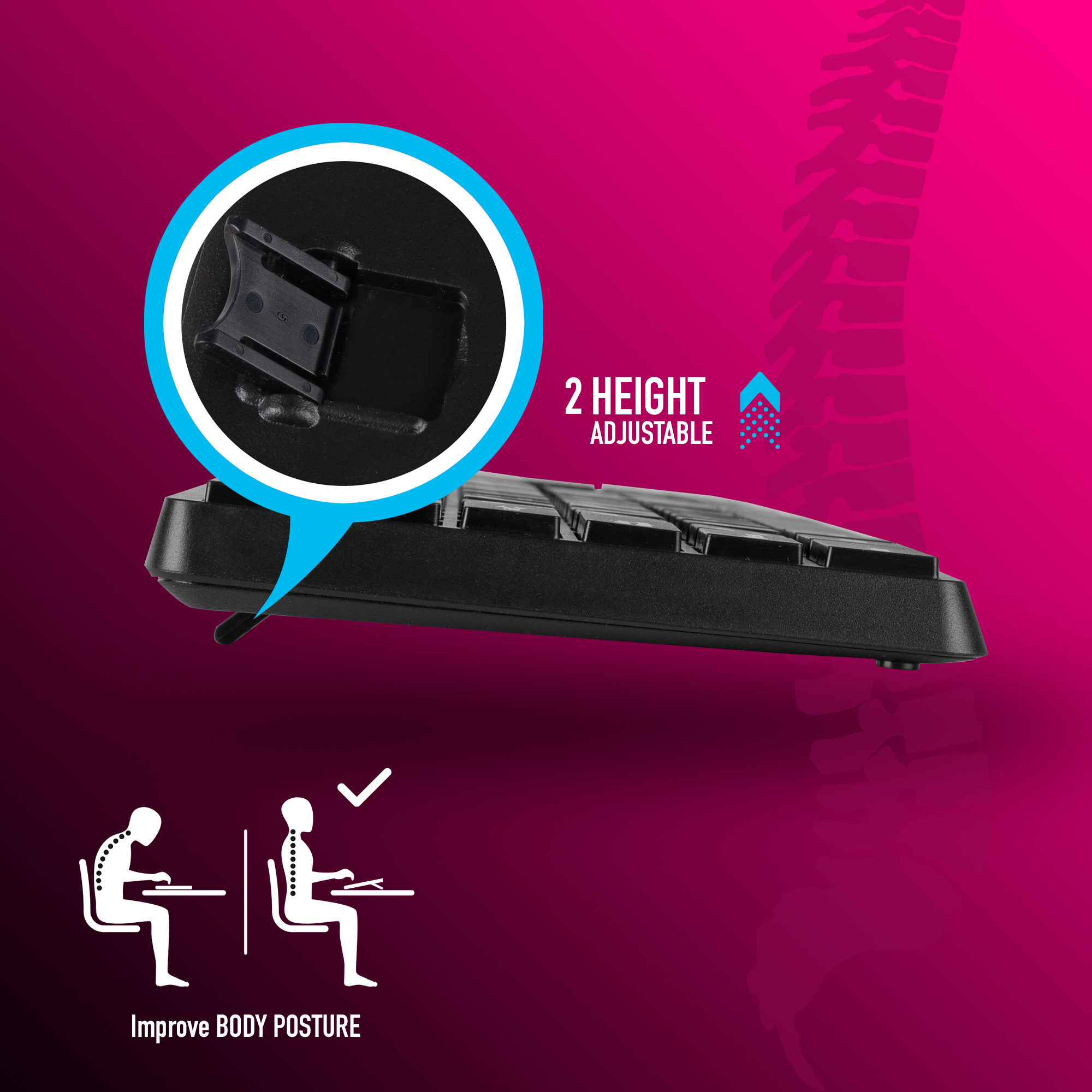 Czarna podstawa klawiatury ze wskaźnikiem regulacji wysokości 2. Pokazuje diagramy postawy.