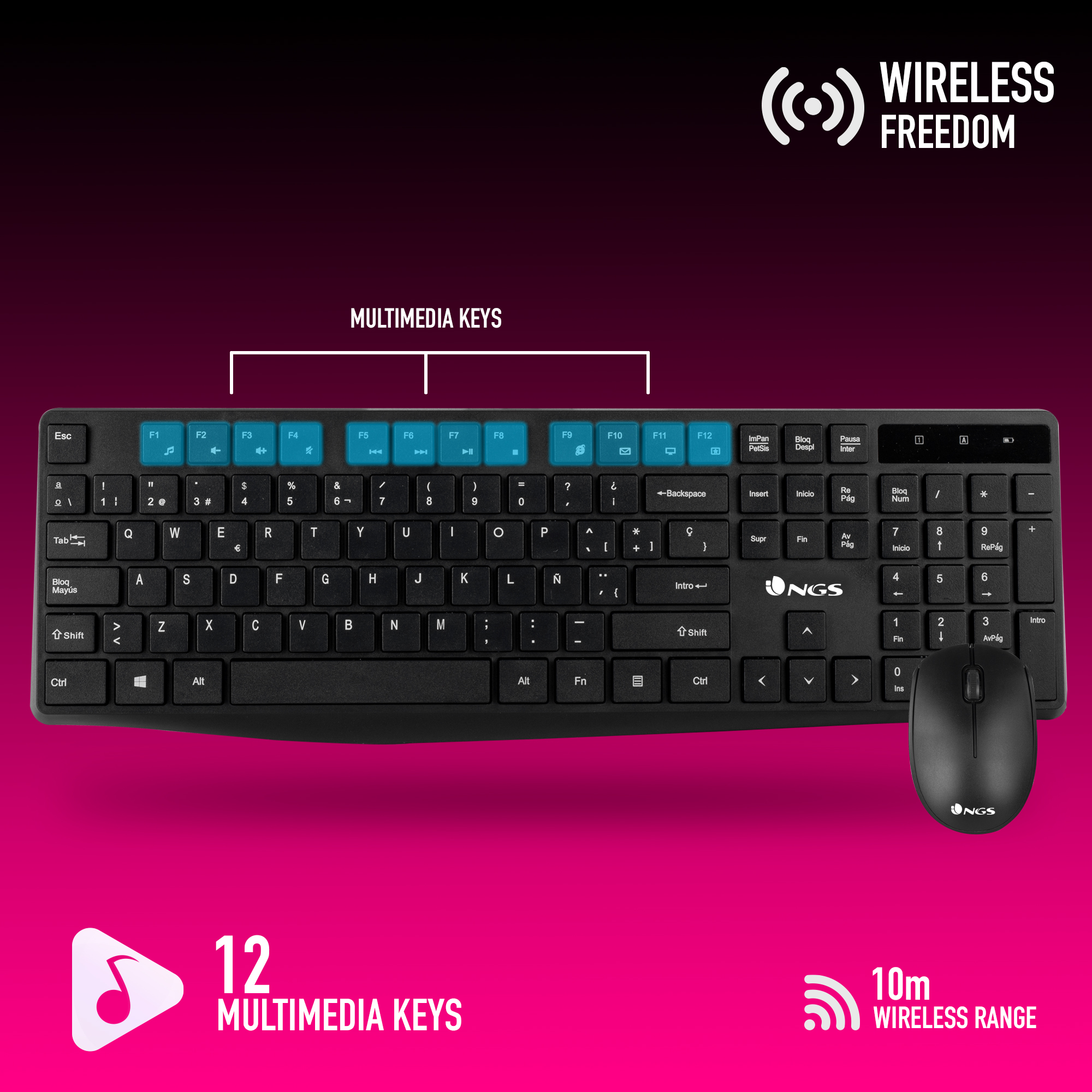 Tastiera nera con tasti multimediali, mouse e testo sulla libertà e portata wireless.
