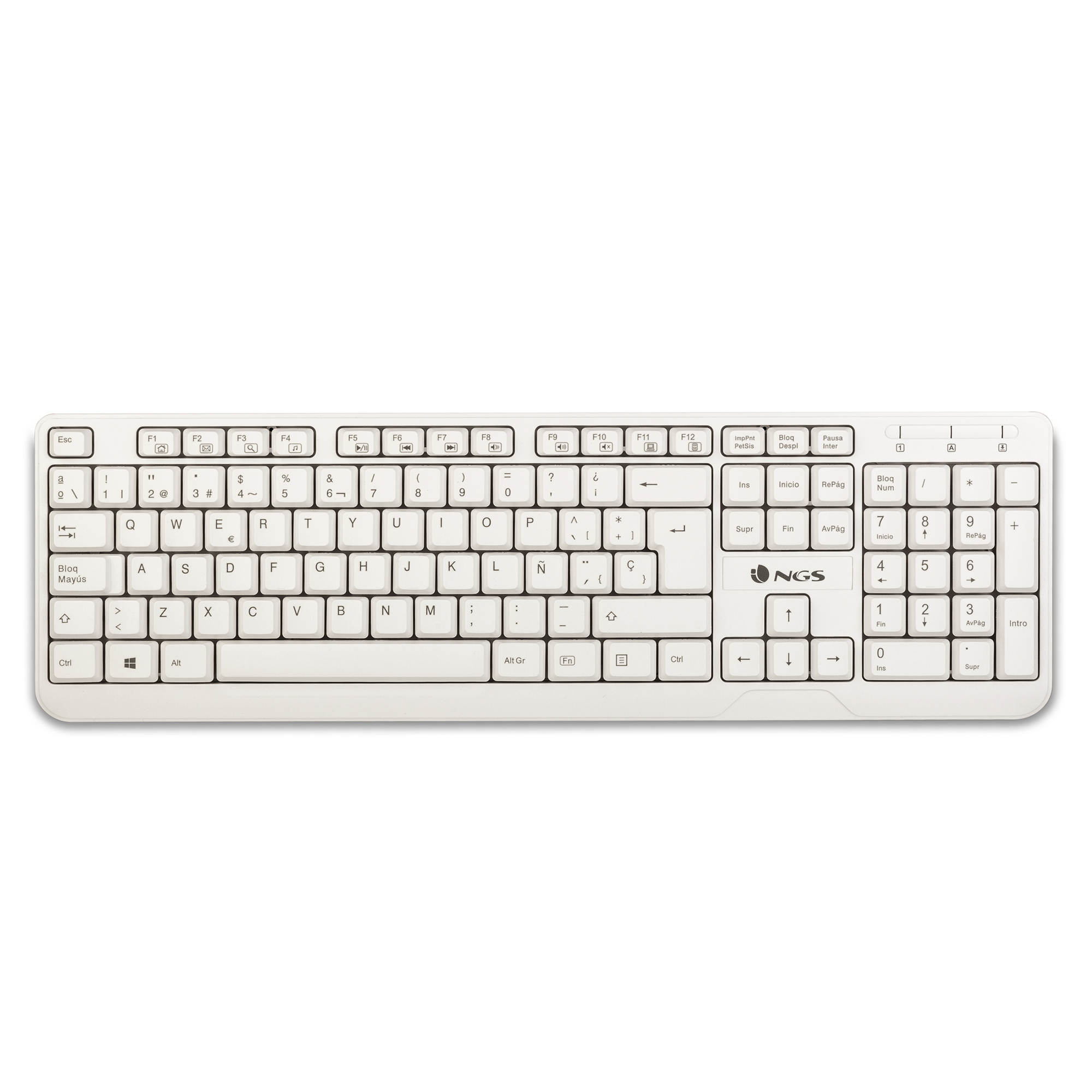 Eine weiße Computertastatur mit Standardlayout, Marke NGS.
