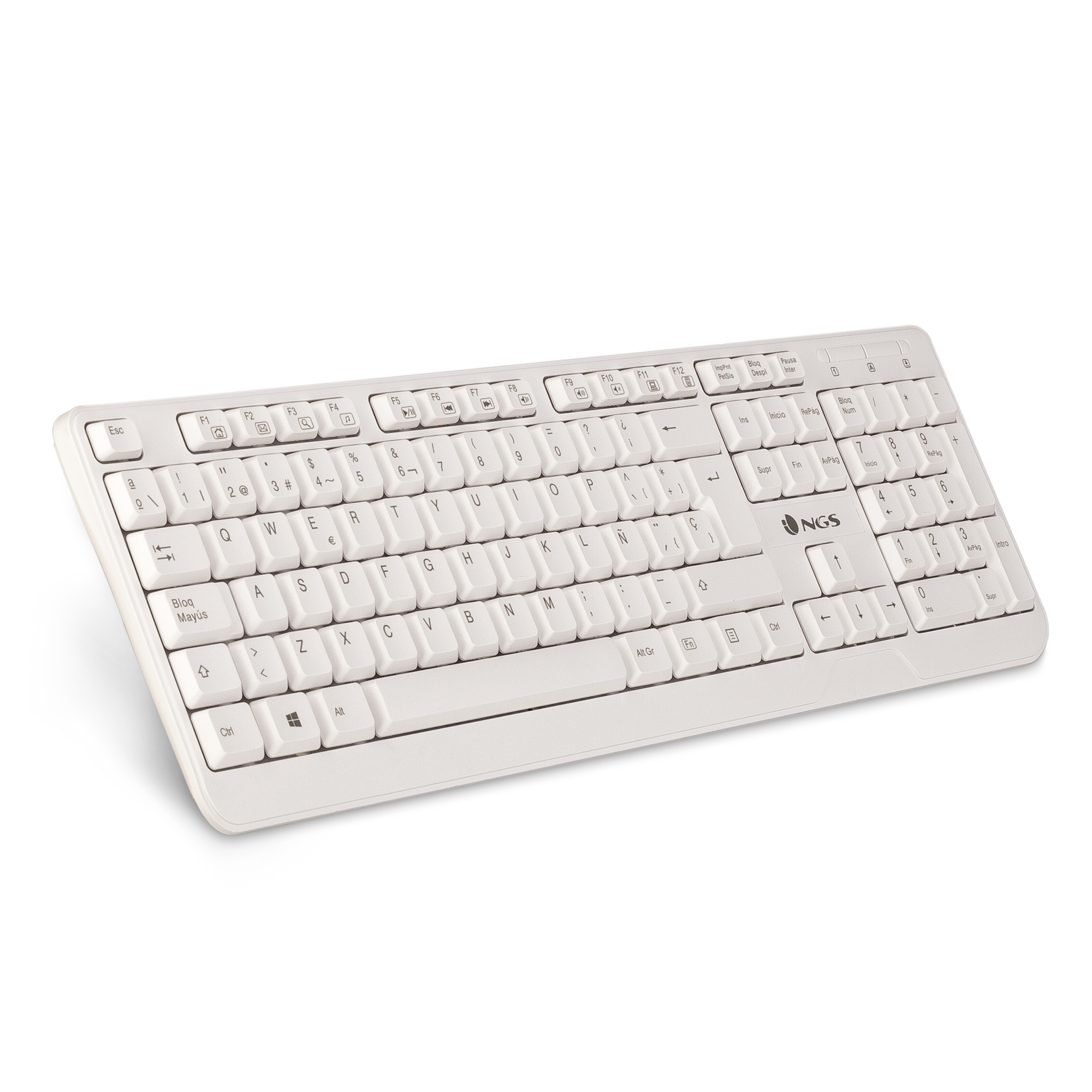 Weiße Computertastatur mit Tasten und Buchstaben. Die Tastatur ist leicht angewinkelt.