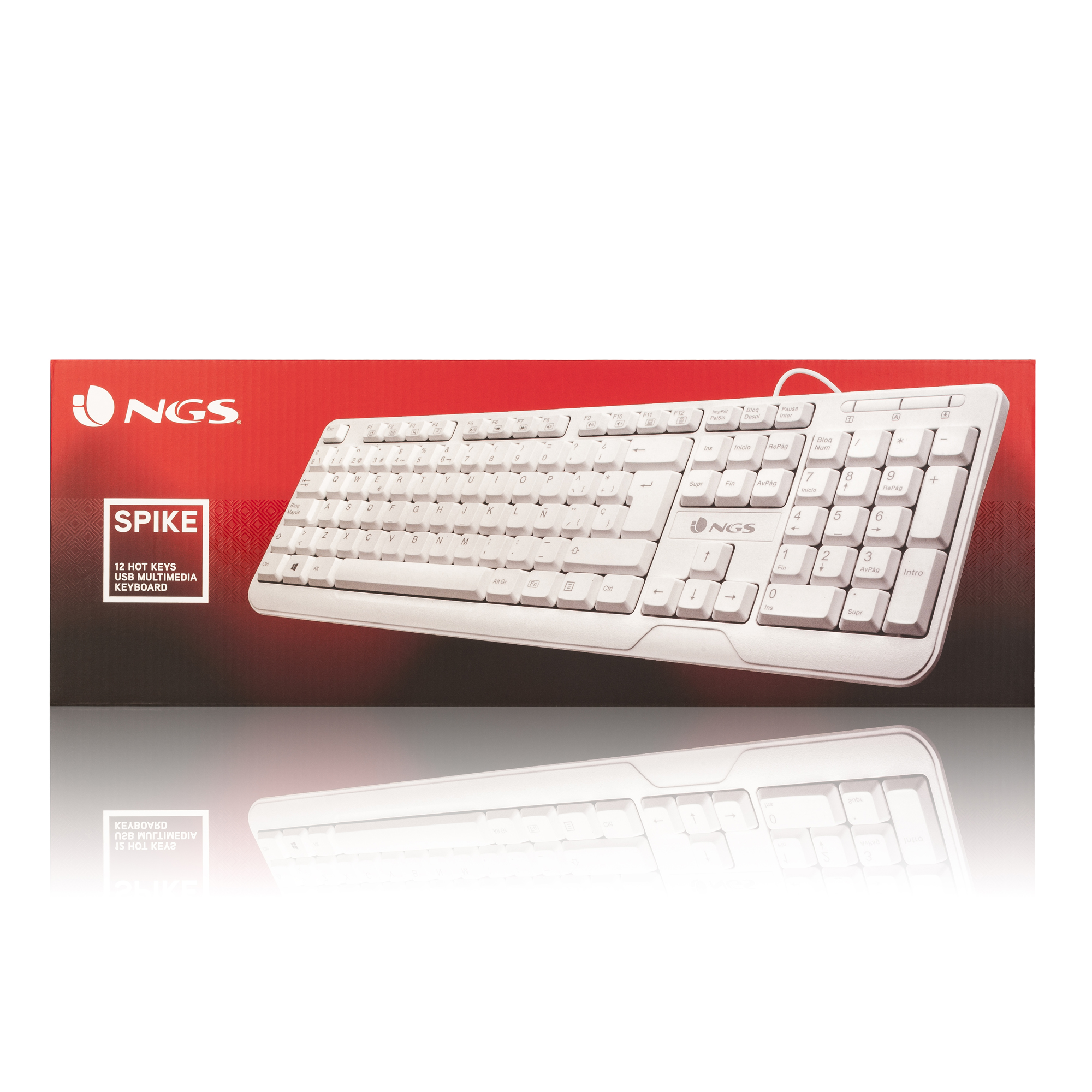 Weiße Tastatur mit schwarzem und rotem Karton. 'NGS' Logo. Weißer Hintergrund.