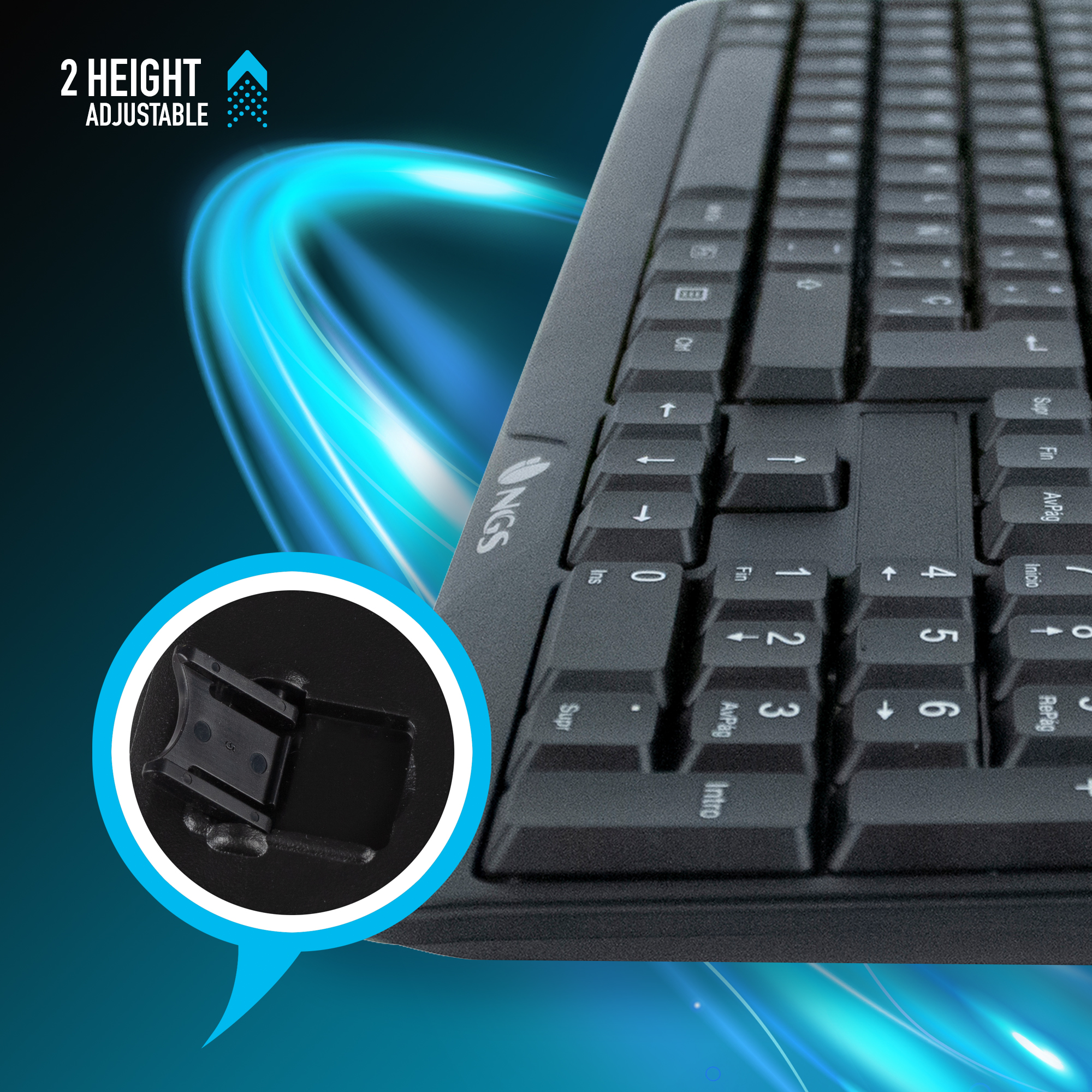 Schwarze Tastatur mit Zifferntasten. Der Einsatz zeigt den Höhenverstellmechanismus.