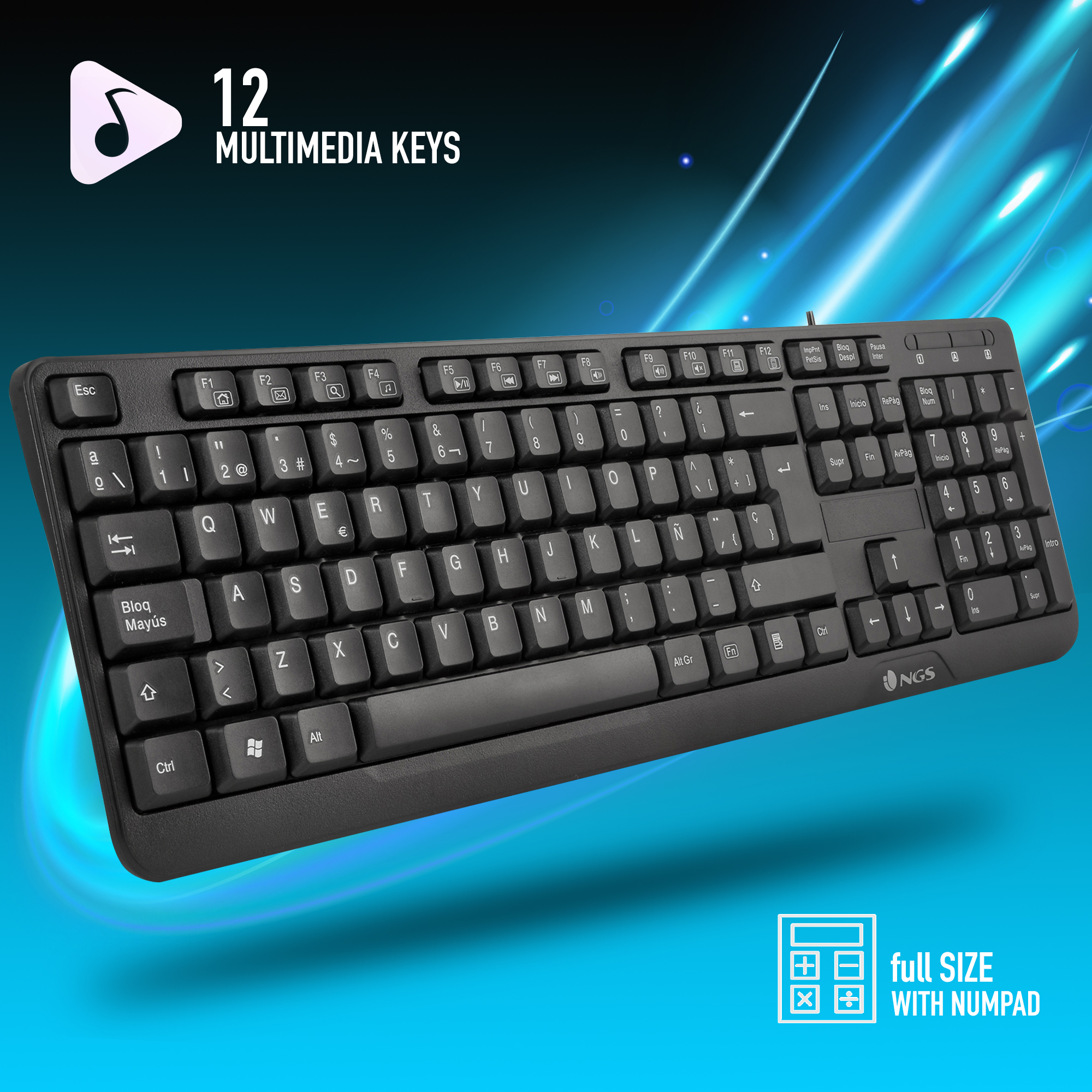 Eine schwarze Tastatur mit Multimediatasten. Die Tastatur befindet sich auf blauem Hintergrund mit Lichteffekten.