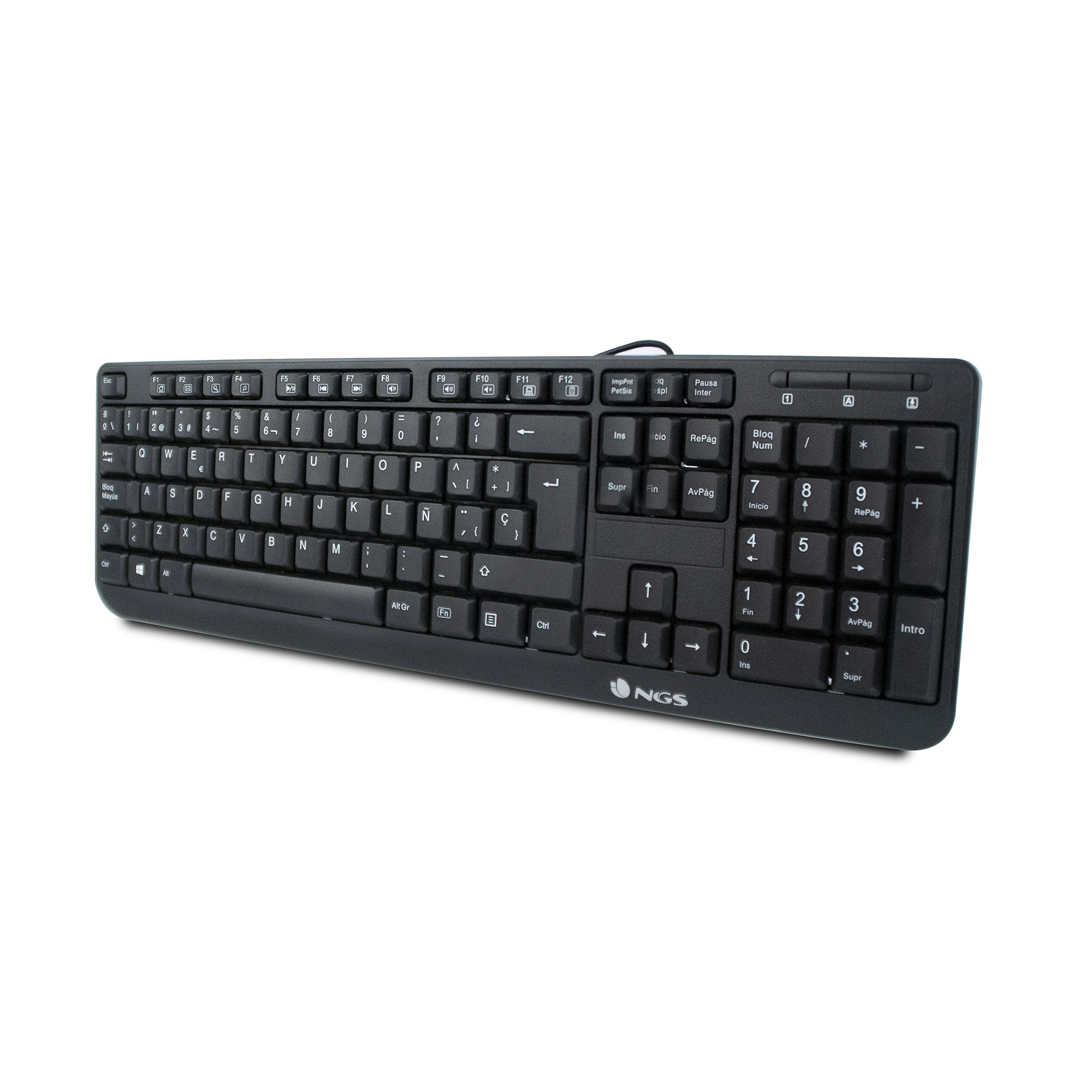 Eine schwarze Tastatur mit weißen Tasten und Buchstaben der Marke NGS auf weißem Hintergrund.