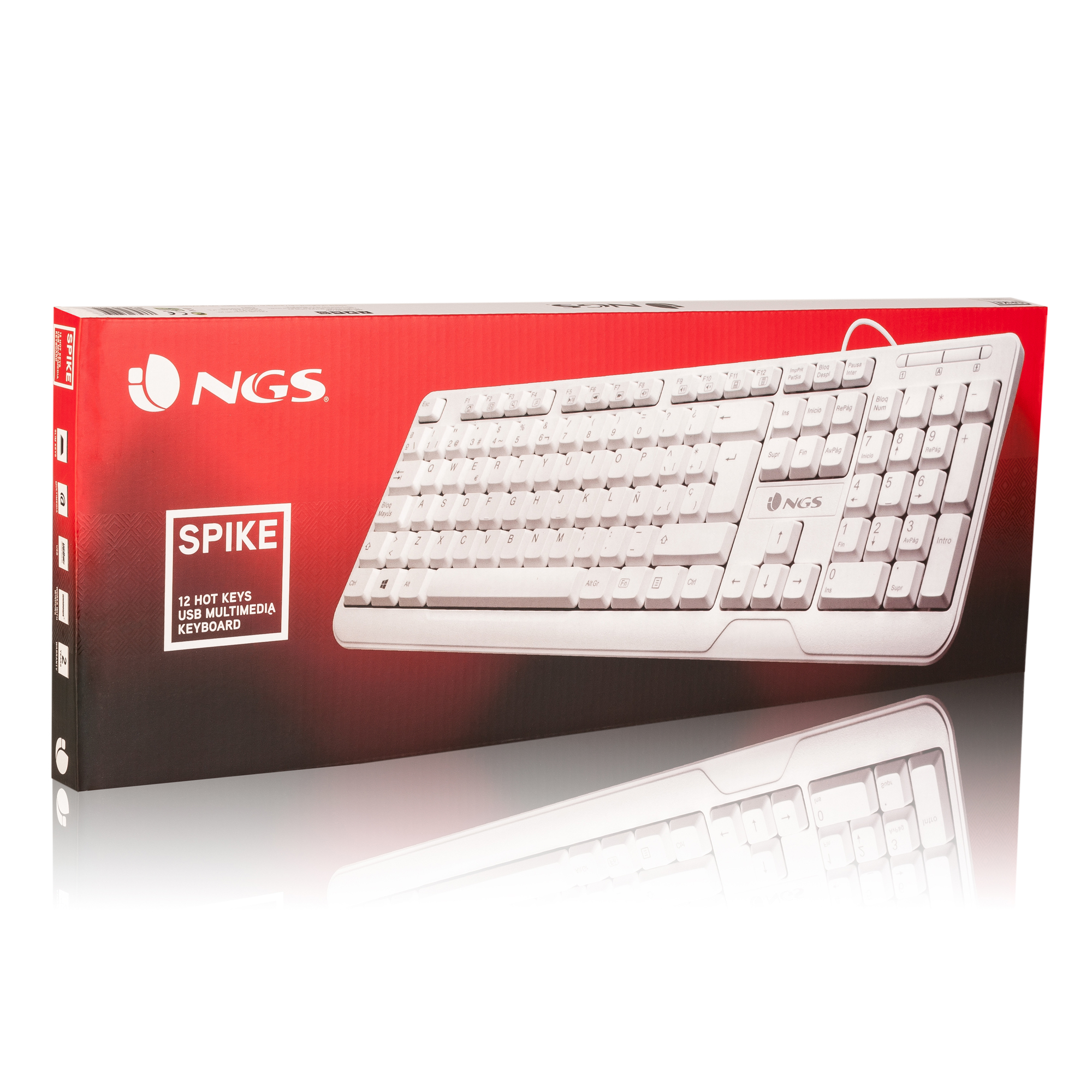 Weiße Tastatur in einer Schachtel. Roter Karton mit Markennamen und Produktinformationen.
