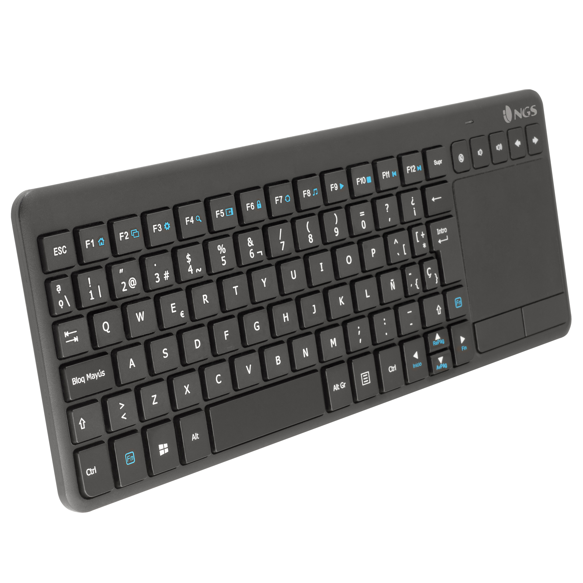 Teclado negro con panel táctil. Las teclas están etiquetadas con caracteres. La marca es NGS.