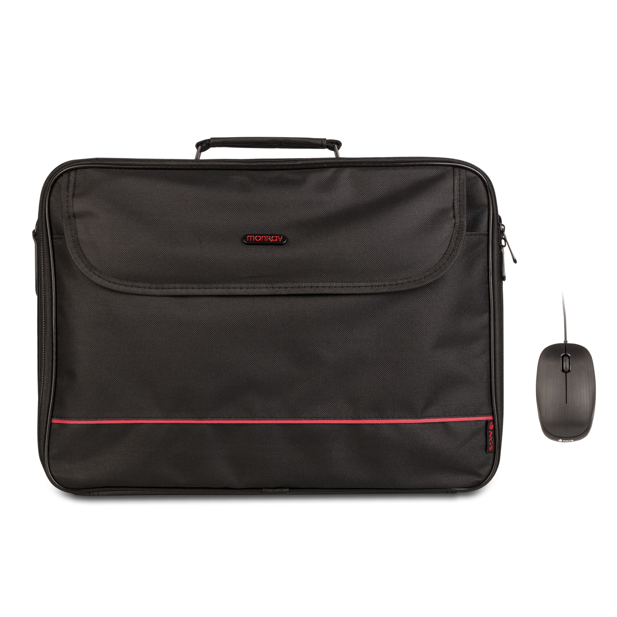 Borsa per laptop nera con striscia rossa e mouse nero. Ha un nome di marca.