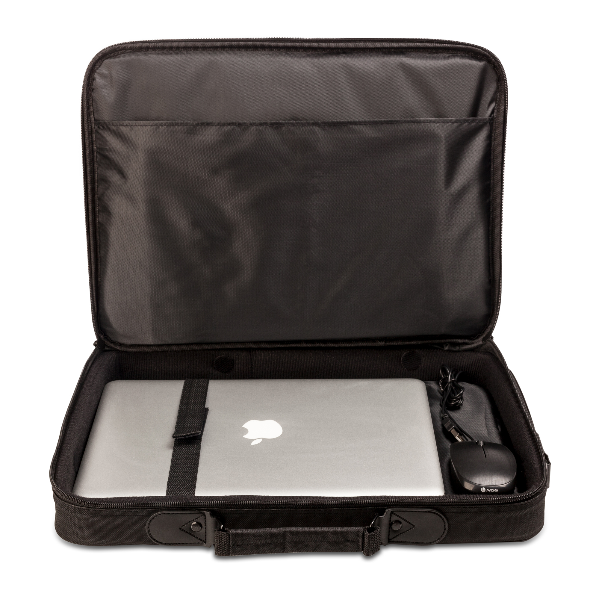 Borsa per laptop nera aperta con laptop argentato e mouse all'interno.