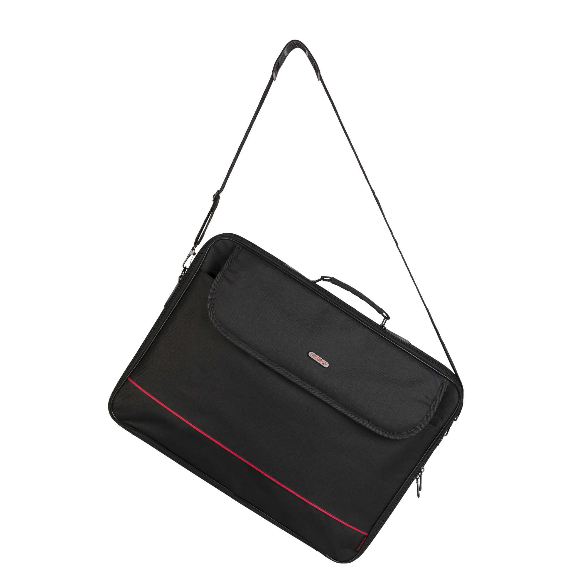 Una bolsa negra para portátil con una raya roja y asa, mostrada diagonalmente sobre un fondo blanco.