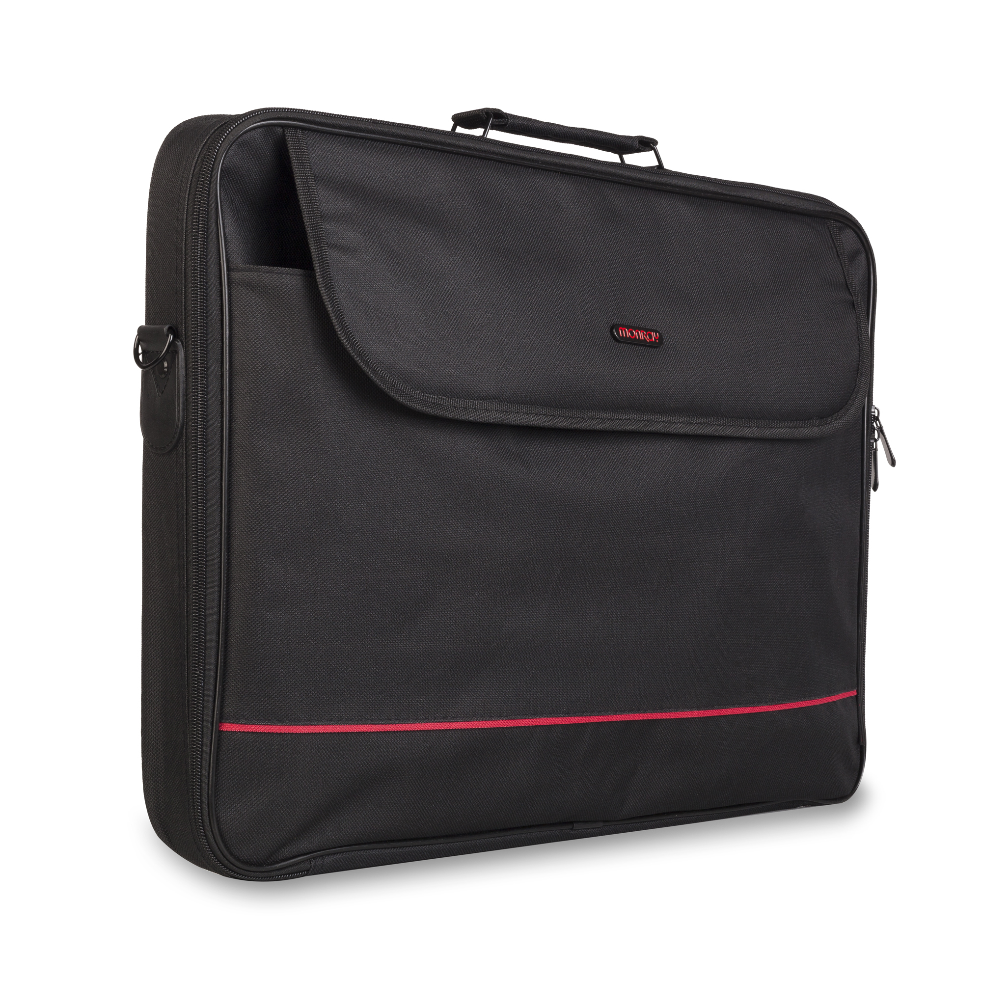 Bolsa para portátil negra con detalle de raya roja y asa sobre fondo blanco.