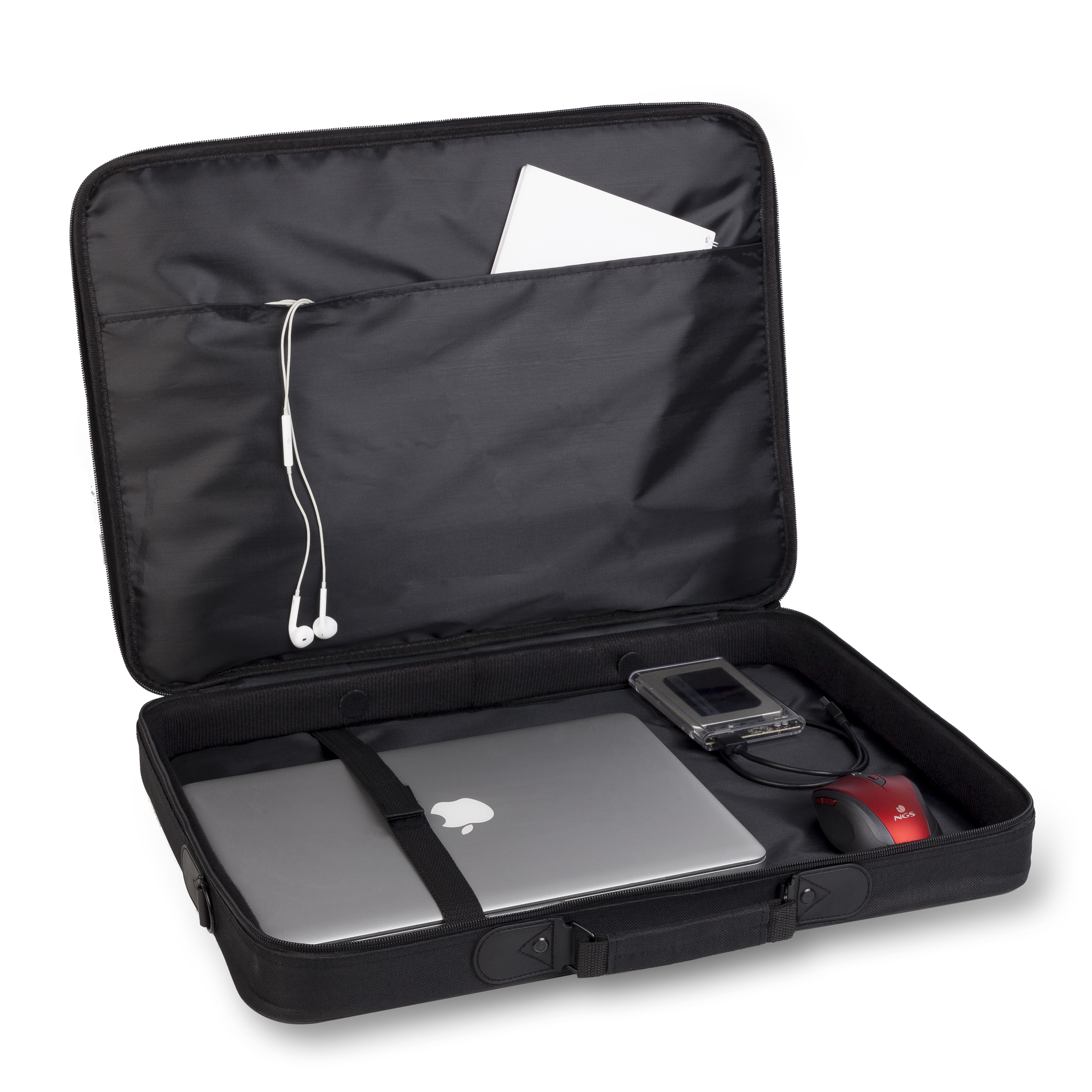Bolsa para portátil negra, abierta. Portátiles, auriculares, ratón y accesorios.