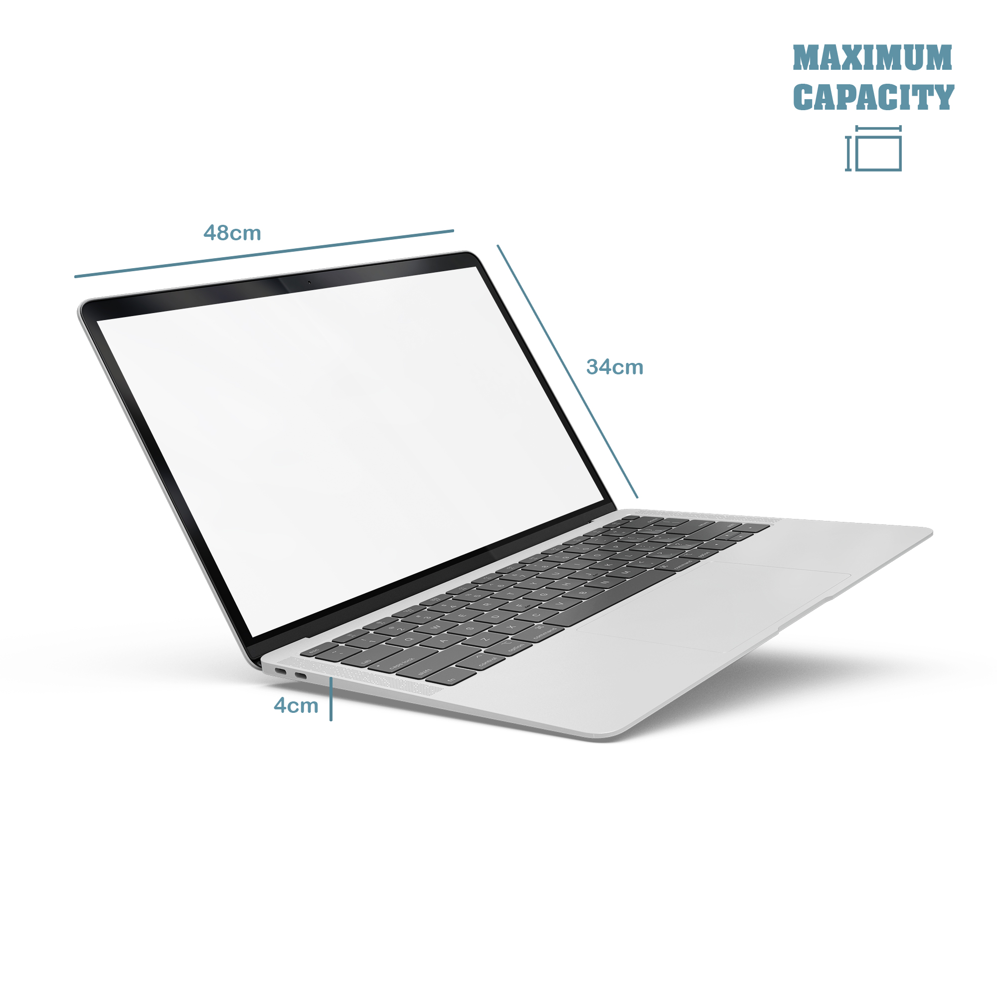 Portátil plateado con pantalla blanca, dimensiones etiquetadas y un gráfico de capacidad máxima.