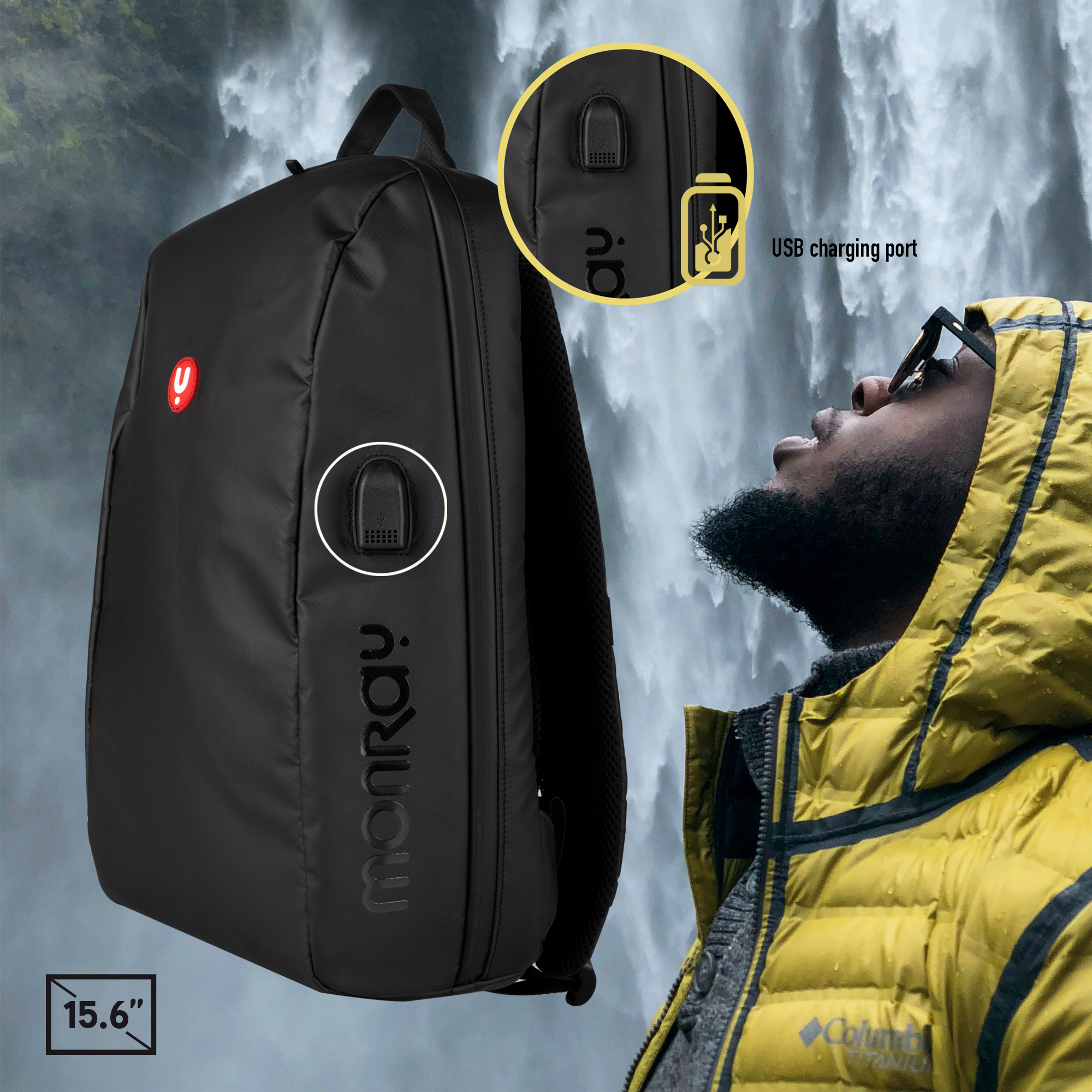 Una mochila negra con puerto de carga USB, un hombre mirando una cascada.
