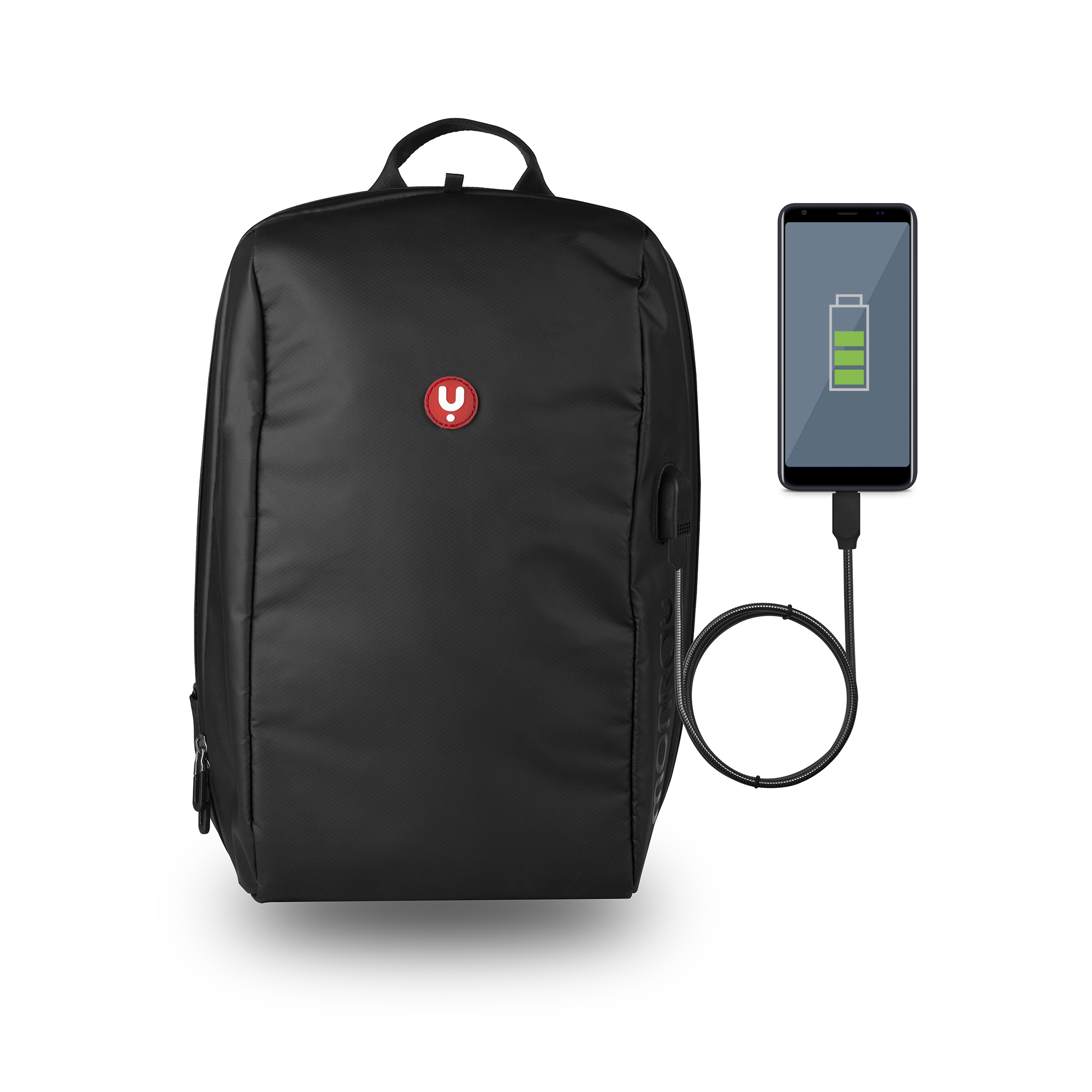 Mochila negra con logo rojo y teléfono cargando.