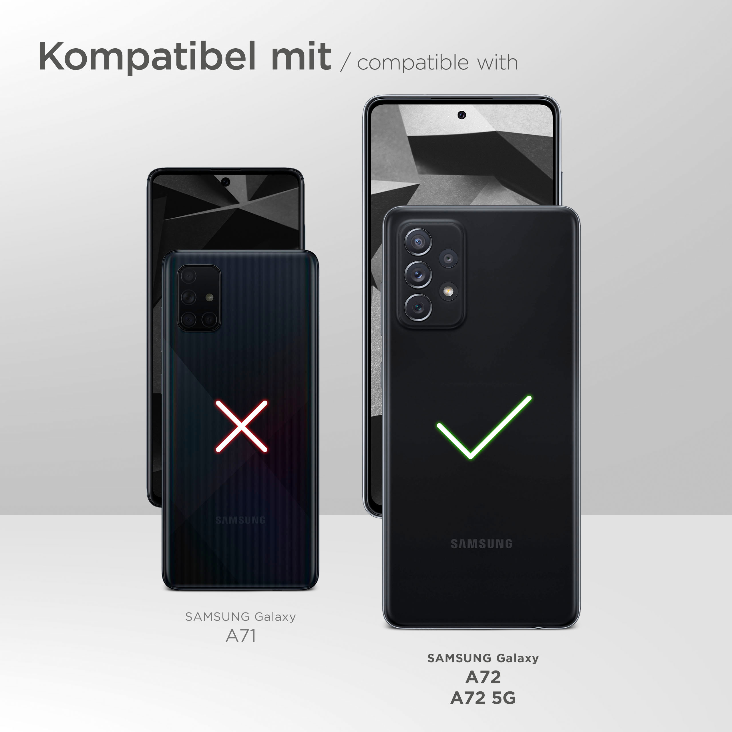 Zwei Smartphones, ein Samsung Galaxy A71 mit rotem X und ein A72 mit grünem Haken.