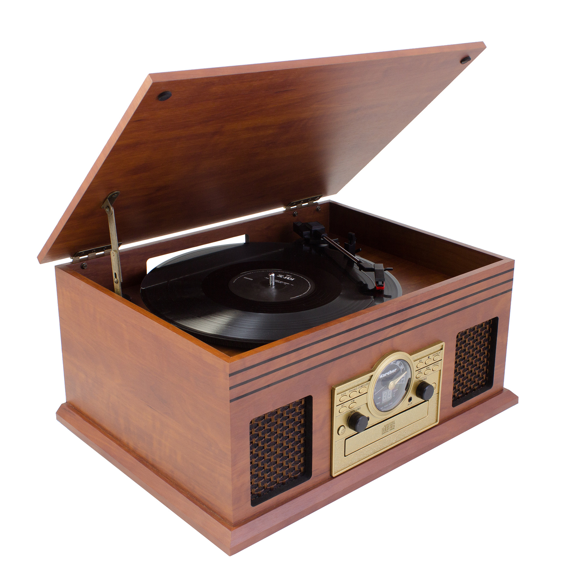 Holz-Plattenspieler im Vintage-Stil mit offenem Deckel. Schwarze Vinylplatte auf dem Plattenteller.