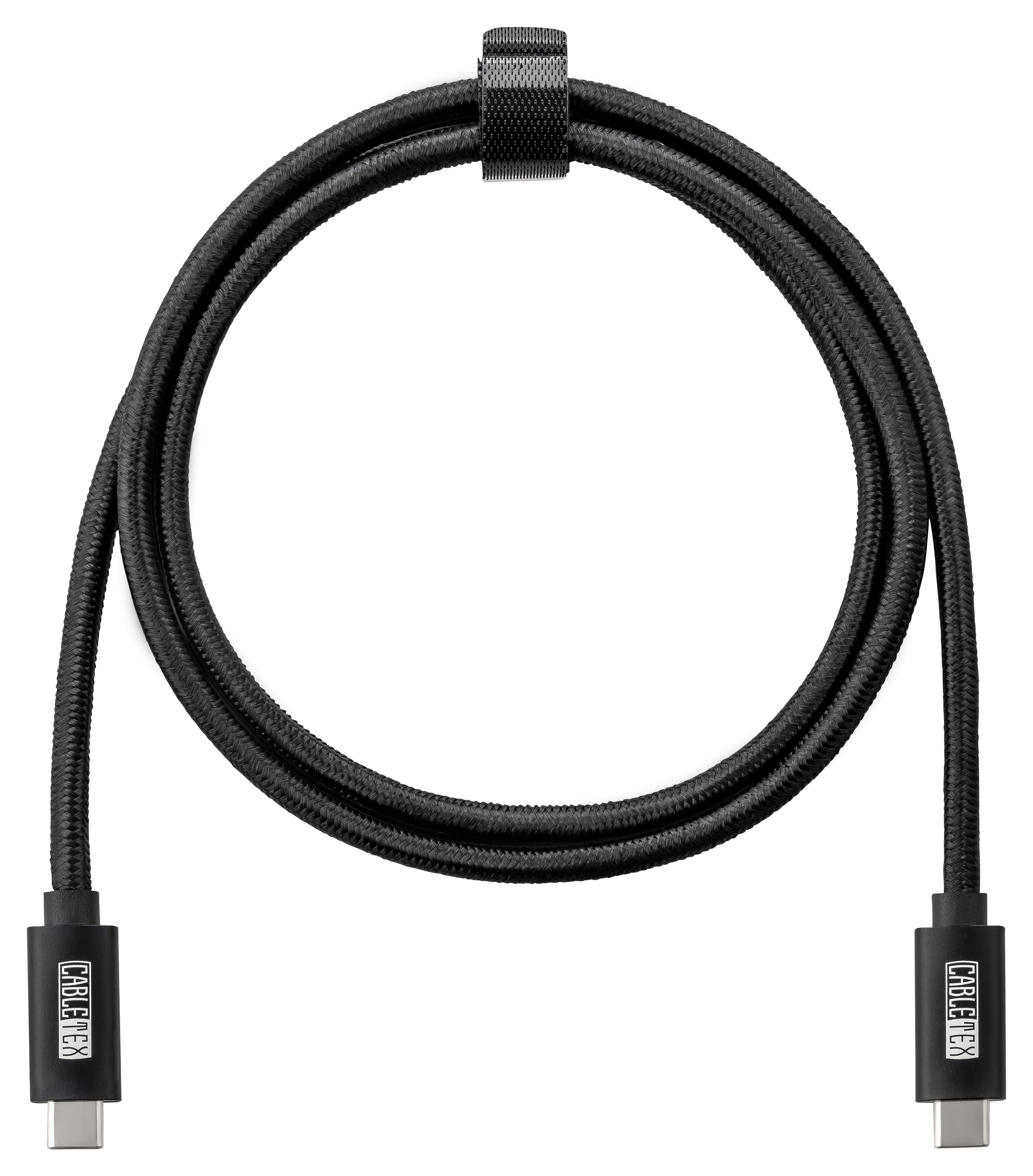 Schwarzes USB-C-Kabel mit CableFlex-Logo. Kabel ist zu einem Kreis geformt. Weißer Hintergrund.