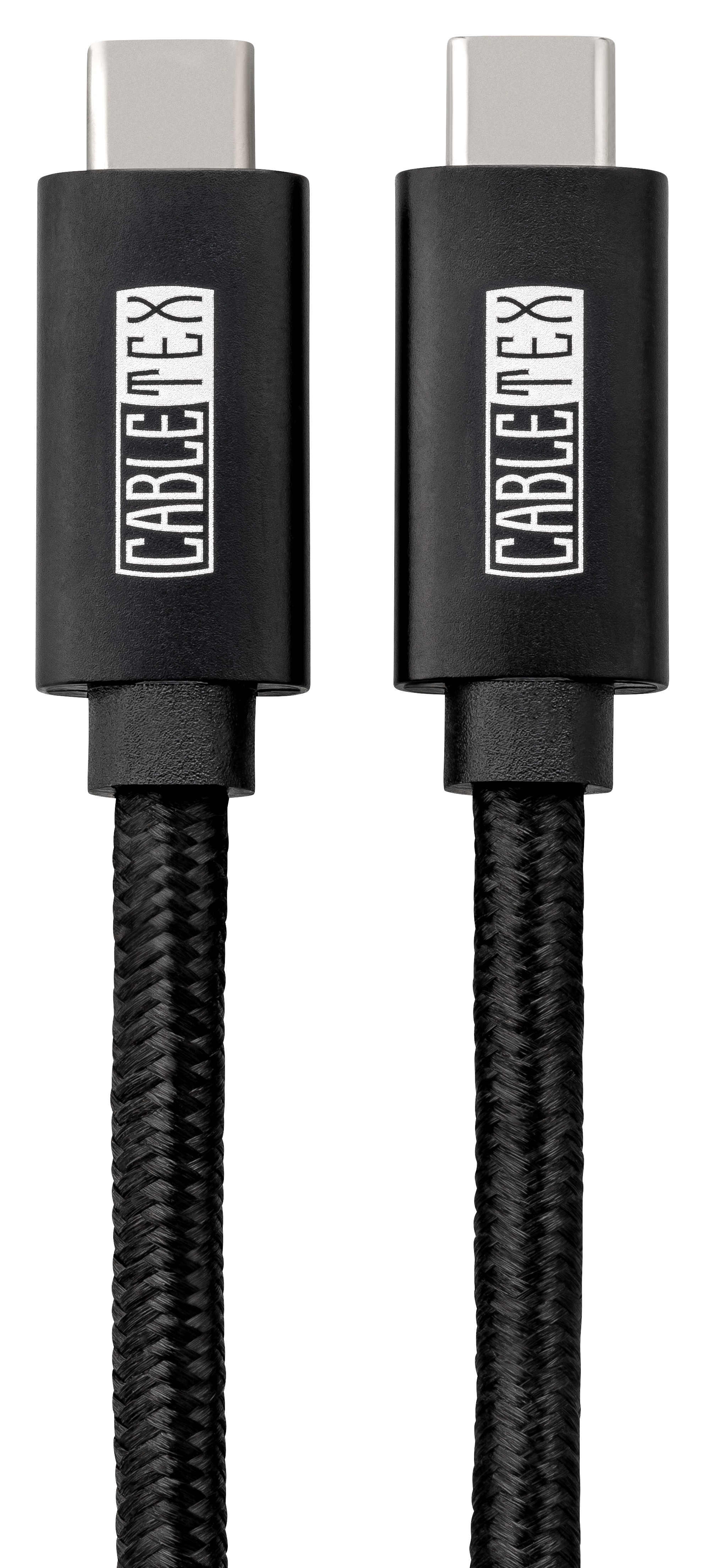 Zwei schwarze USB-C-Kabel mit CableTex-Branding und geflochtenem Kabel.