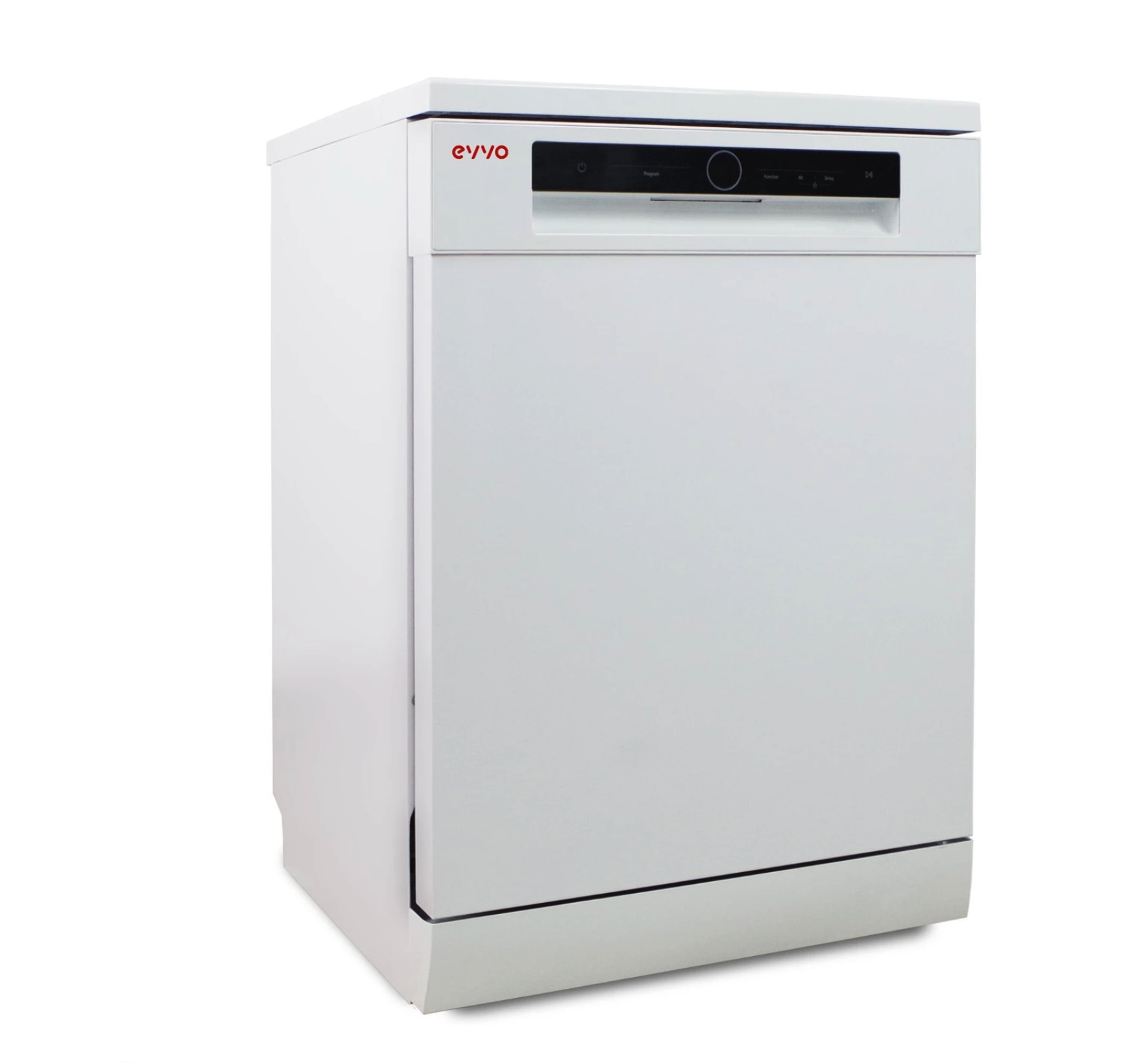 Biała zmywarka evvo. Panel przedni z przyciskami i wyświetlaczem. Białe tło.
