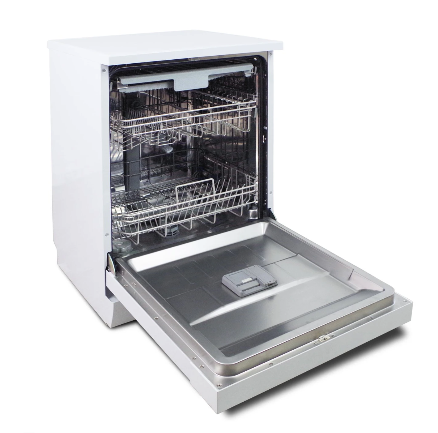 Biała zmywarka, otwarte drzwi, widoczne wnętrze. Srebrne kosze i taca.