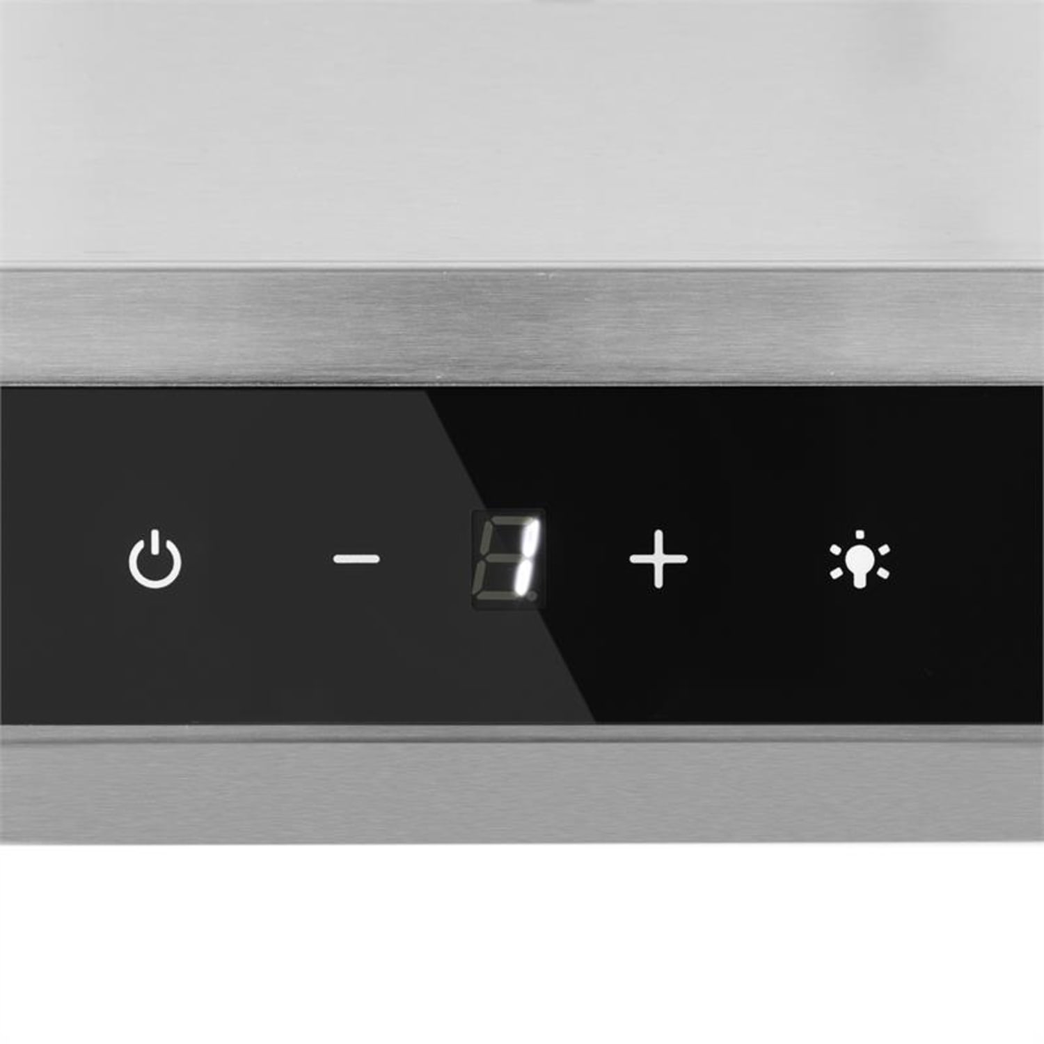 Ein Bedienfeld mit Ein-/Aus-Taste, Minus, Anzeige, Plus und einem Lichtsymbol auf grauer Oberfläche.