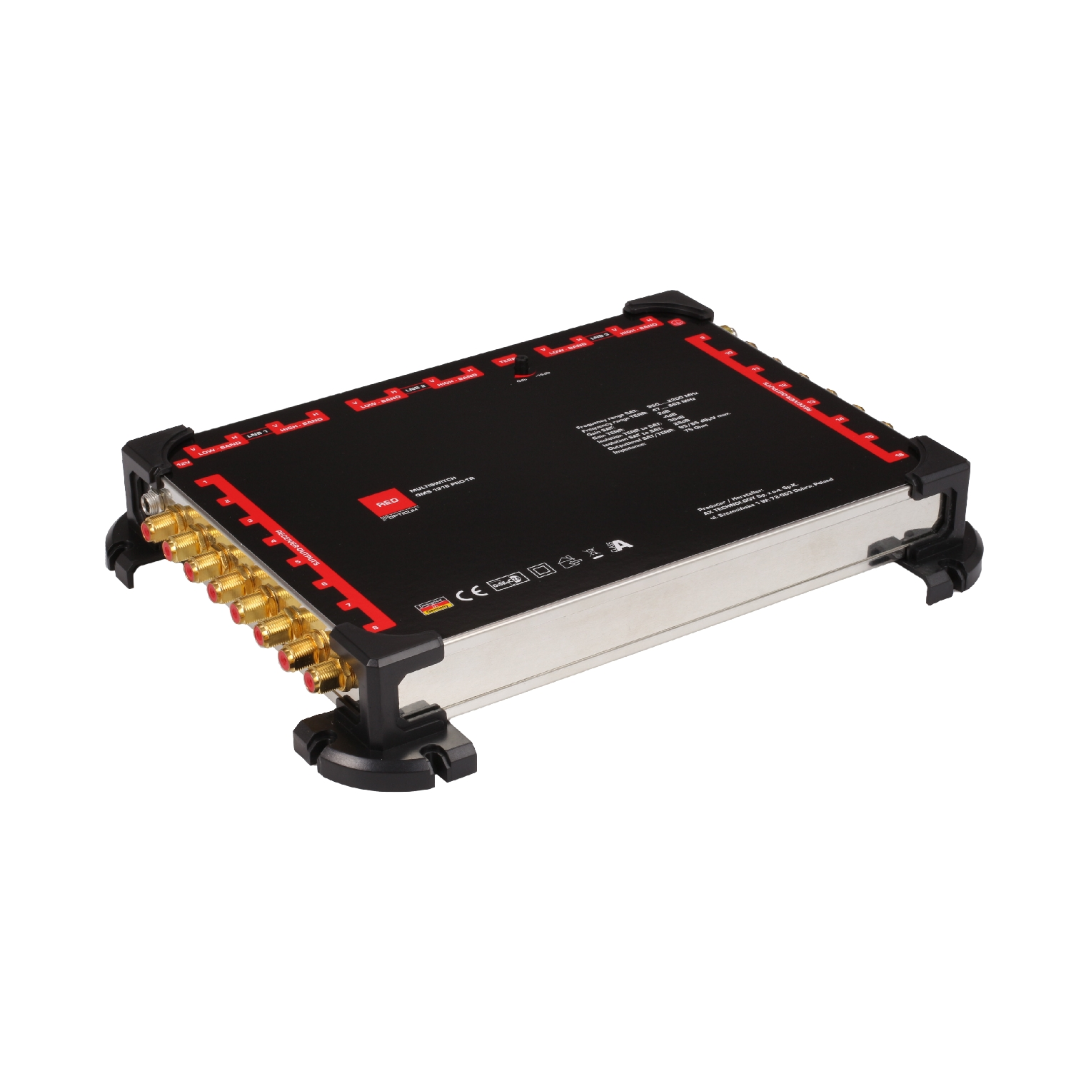 Schwarzes elektronisches Gerät mit mehreren goldenen und roten Anschlüssen. Hat ein silbernes Panel und schwarze Kanten.