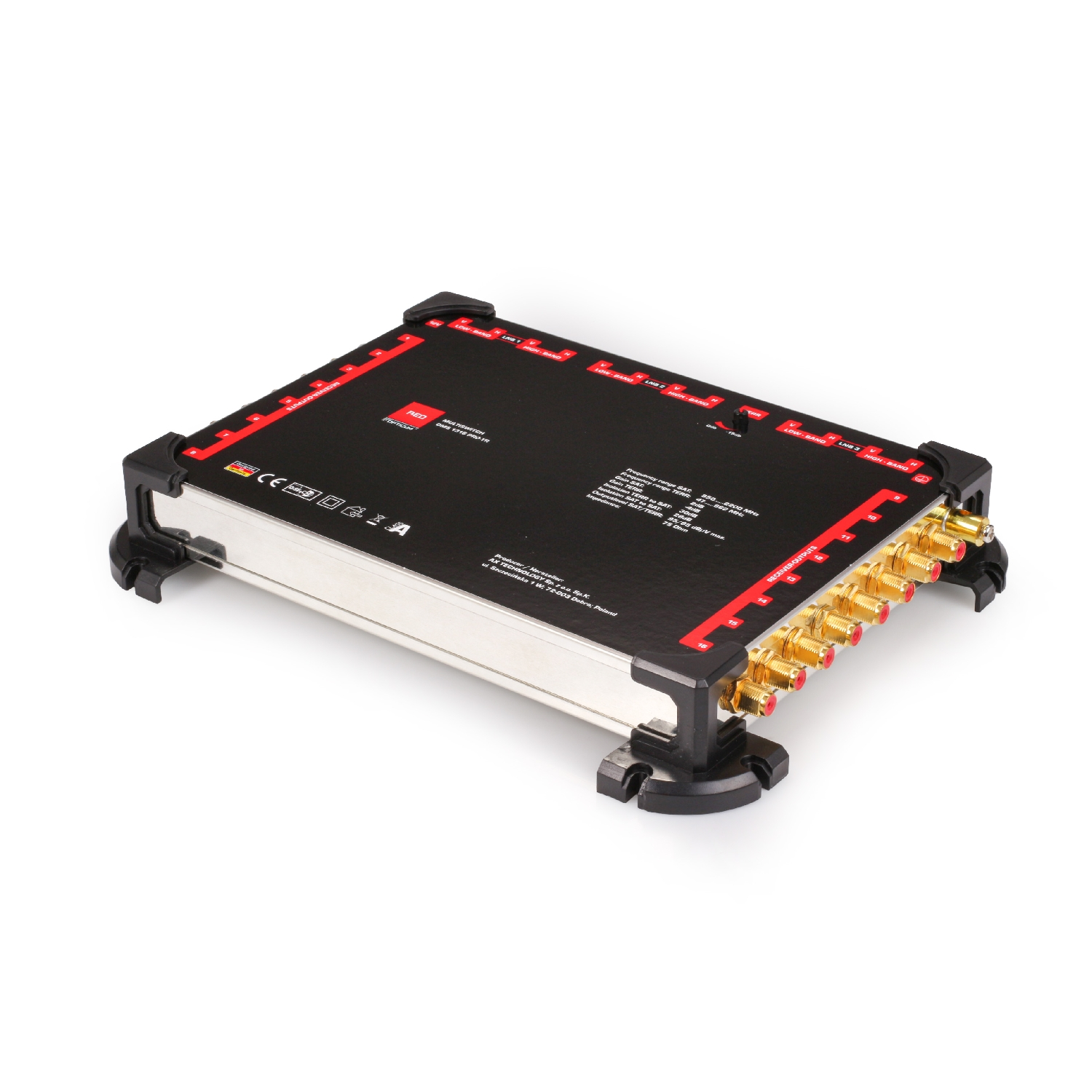 Schwarzes und silbernes elektronisches Gerät mit roten Akzenten, schräge Ansicht.