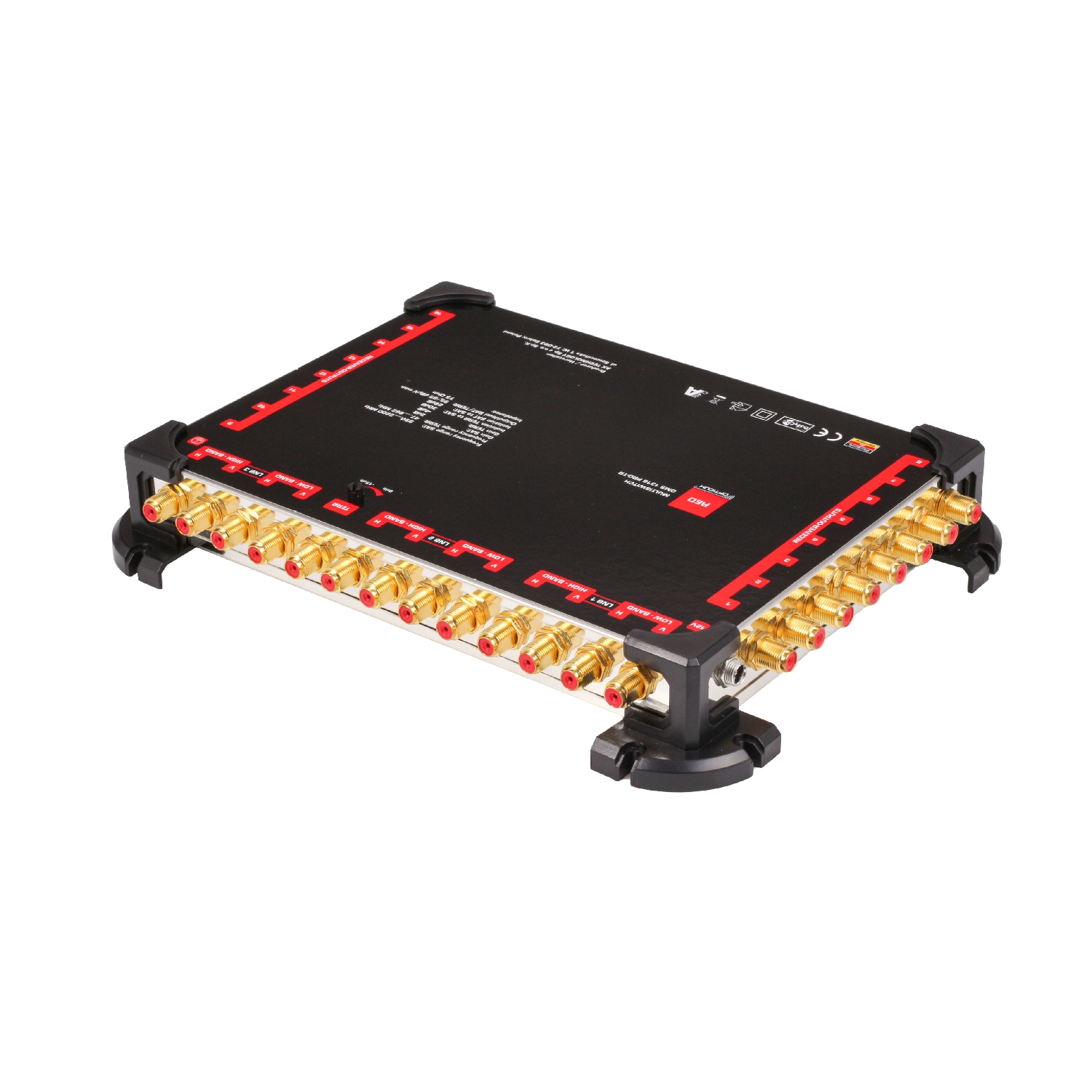 Schwarzes elektronisches Gerät mit vielen goldenen Anschlüssen und roten Akzenten.