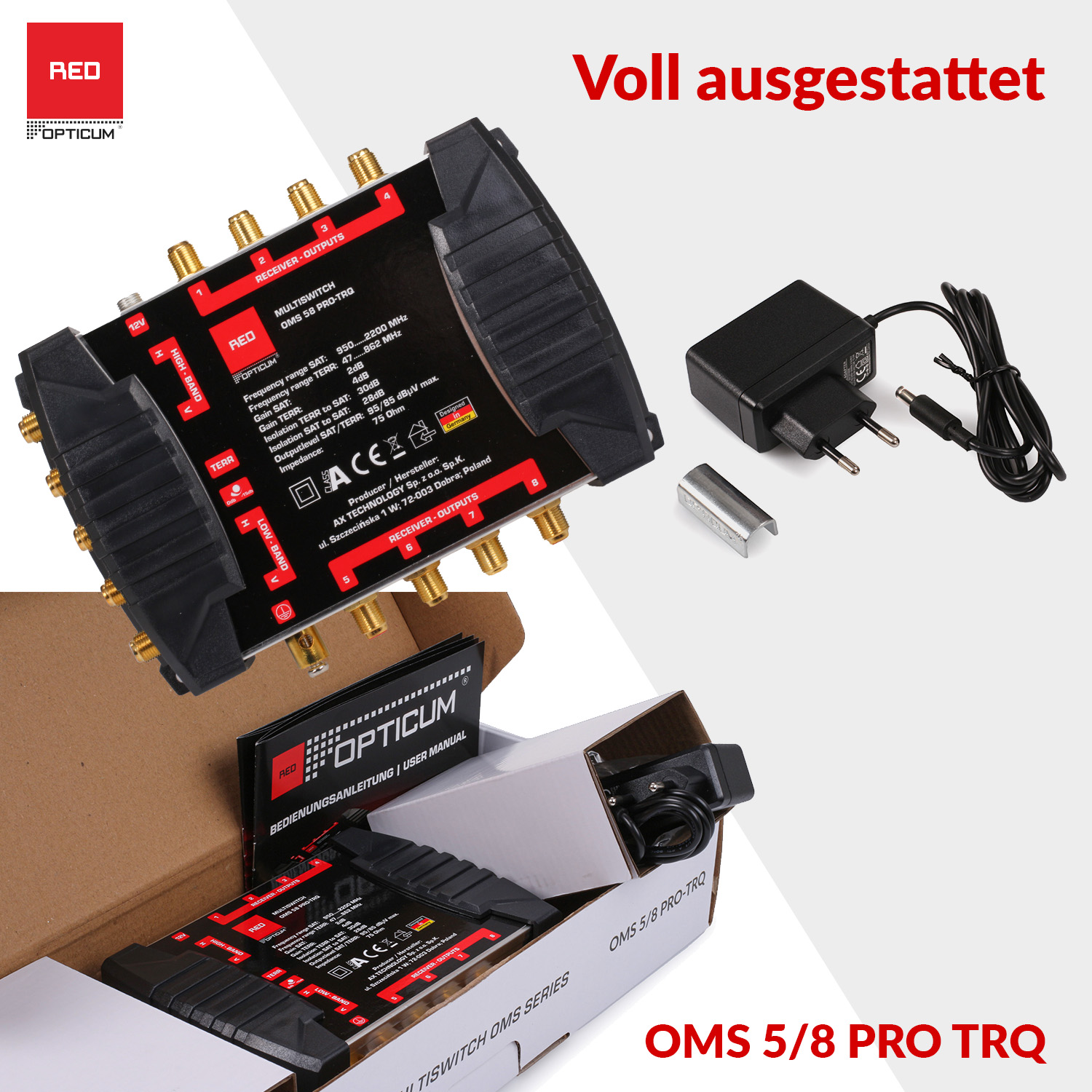 Schwarzes elektronisches Gerät mit mehreren Ein- und Ausgängen. Text: OMS 5/8 PRO TRQ, Voll ausgestattet.