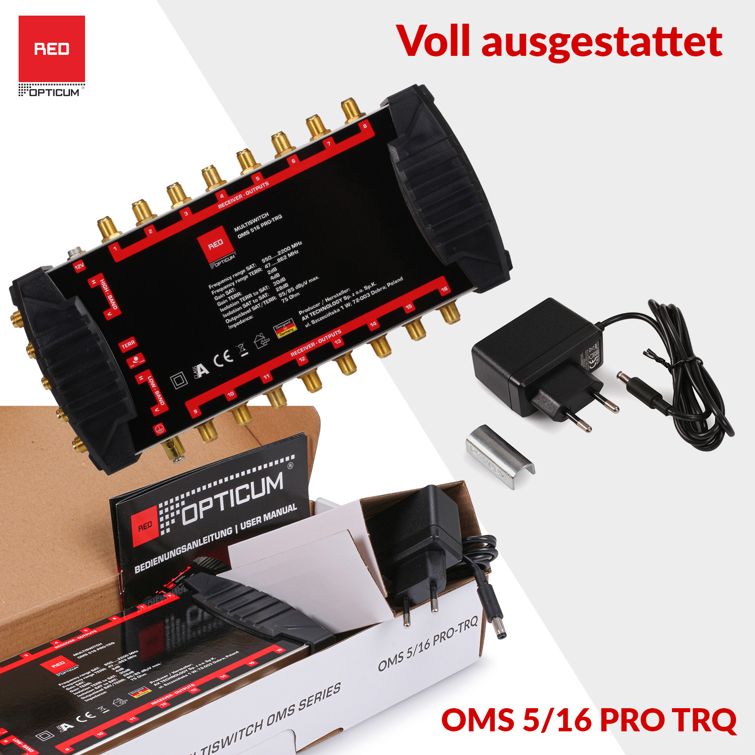 Schwarzes und rotes Netzwerkgerät mit mehreren Anschlüssen und Netzteil. Text: OMS 5/16 PRO TRQ.