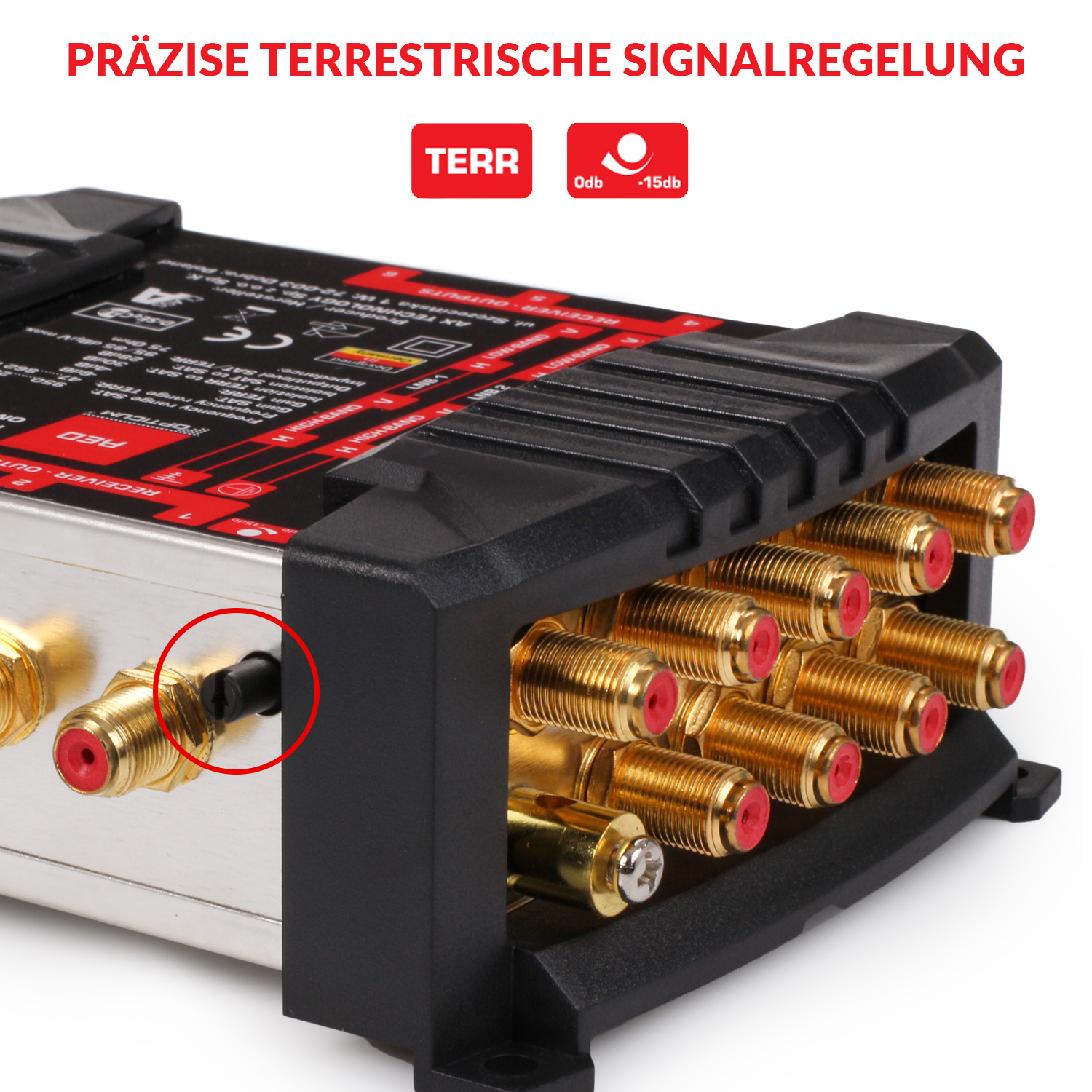 Nahaufnahme eines schwarzen Geräts mit roten und goldenen Anschlüssen, mit dem Text 'PRÄZISE TERRESTRISCHE SIGNALREGELUNG'.