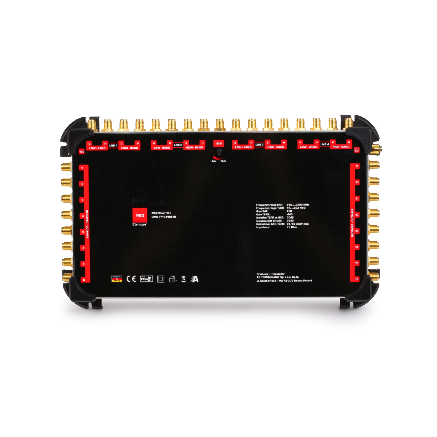 Ein schwarzes elektronisches Gerät mit mehreren goldfarbenen Anschlüssen und Beschriftungen.