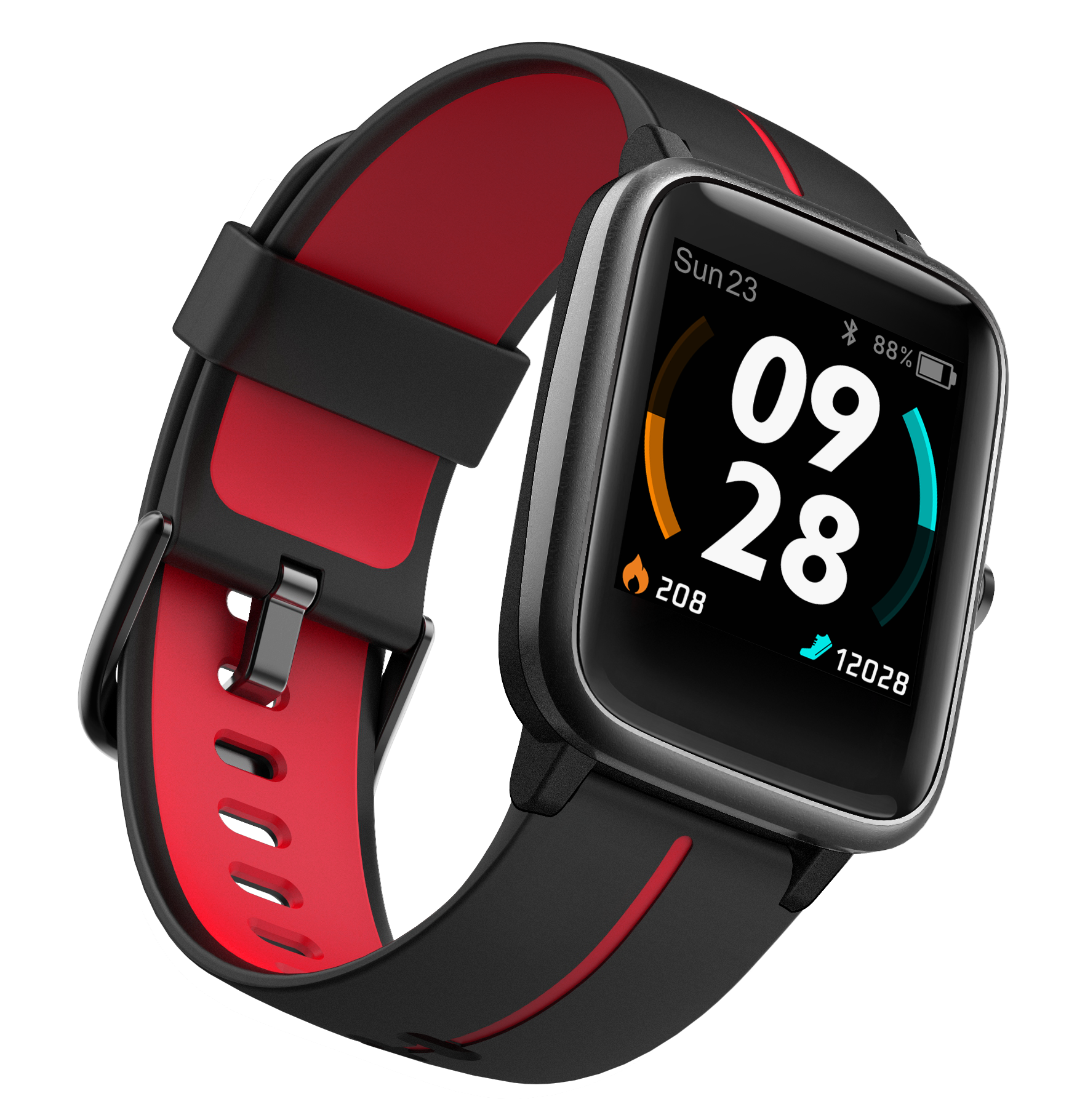 Un reloj inteligente negro y rojo que muestra la fecha, hora, batería y pasos, sobre un fondo negro.