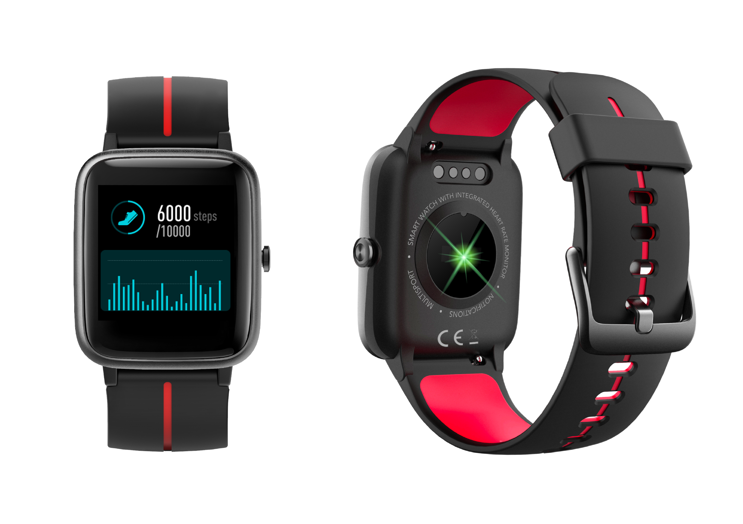 Un reloj inteligente negro y rojo que muestra los pasos, con el otro lado mostrando el monitor de frecuencia cardíaca.