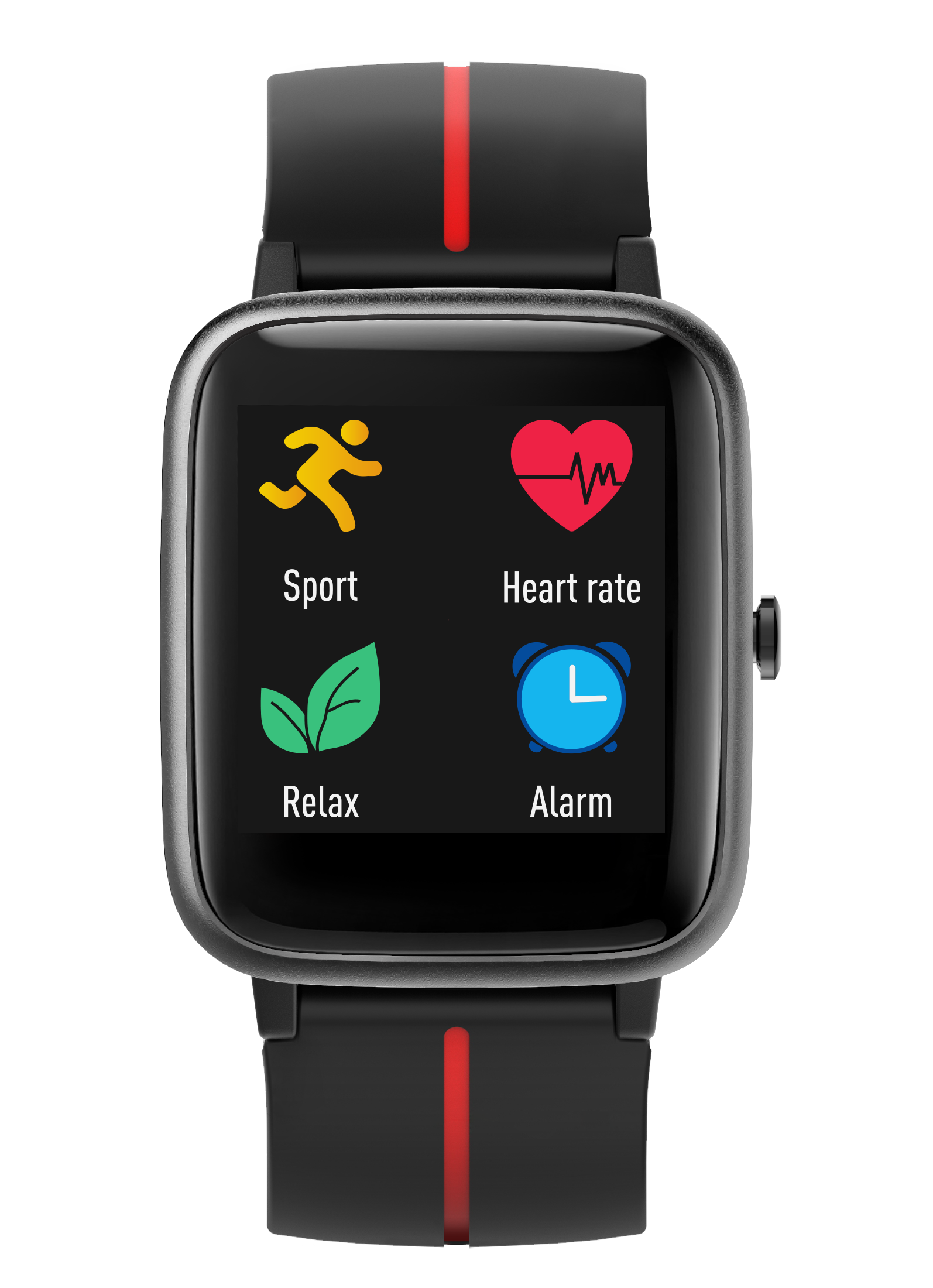 Reloj inteligente negro con raya roja en la correa, muestra iconos de deporte, frecuencia cardíaca, relajación y alarma.