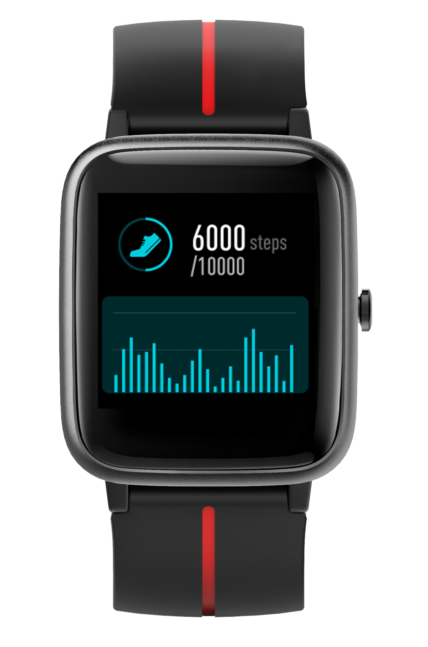 Smartwatch negra que muestra el conteo de pasos y el gráfico.