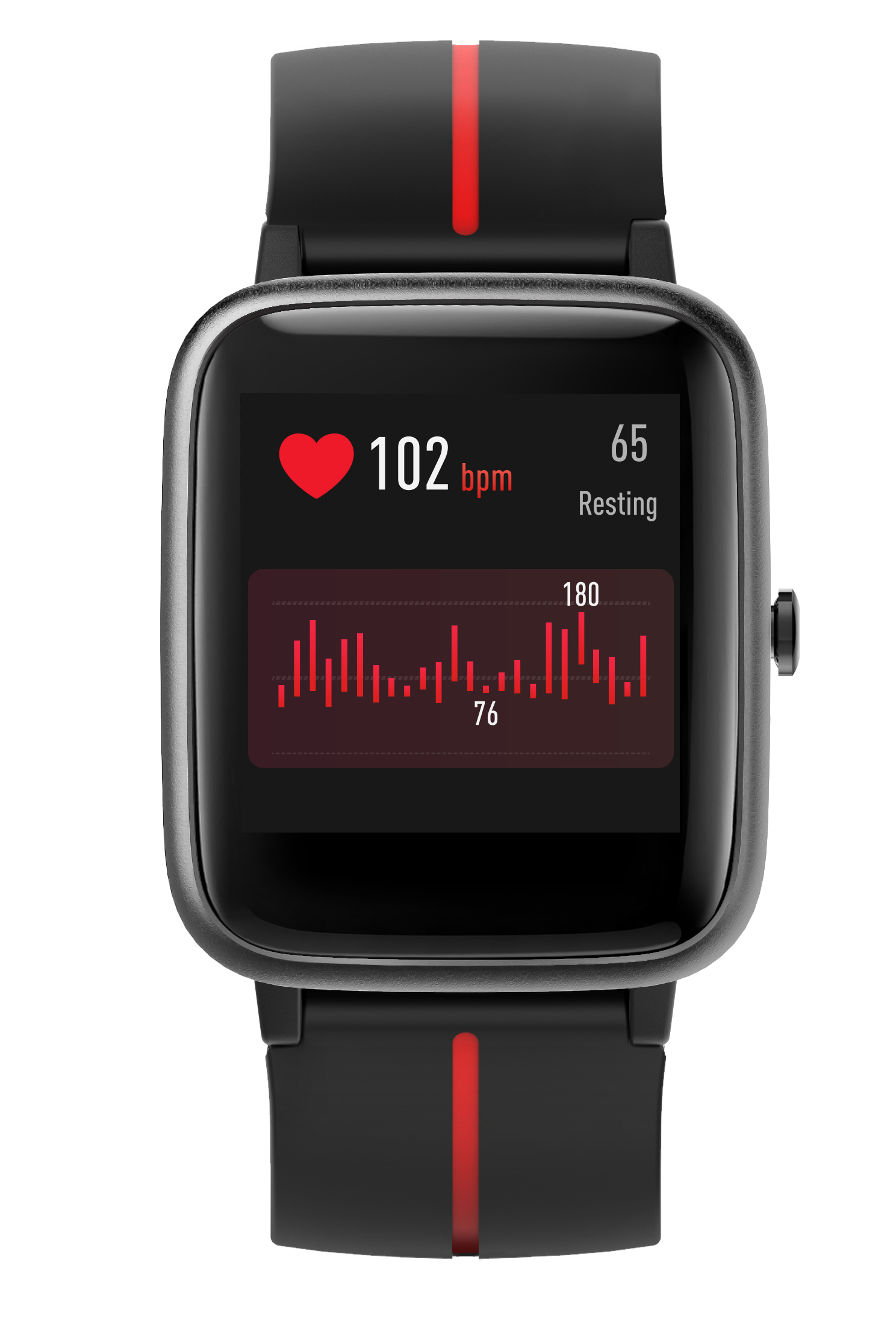 Smartwatch que muestra la frecuencia cardíaca y datos sobre fondo negro.