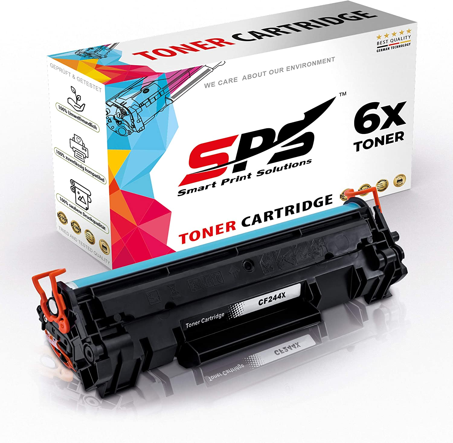 Tonerpatronenbox mit Tonerpatrone. Die Box ist weiß. Die Patrone ist schwarz und blau.