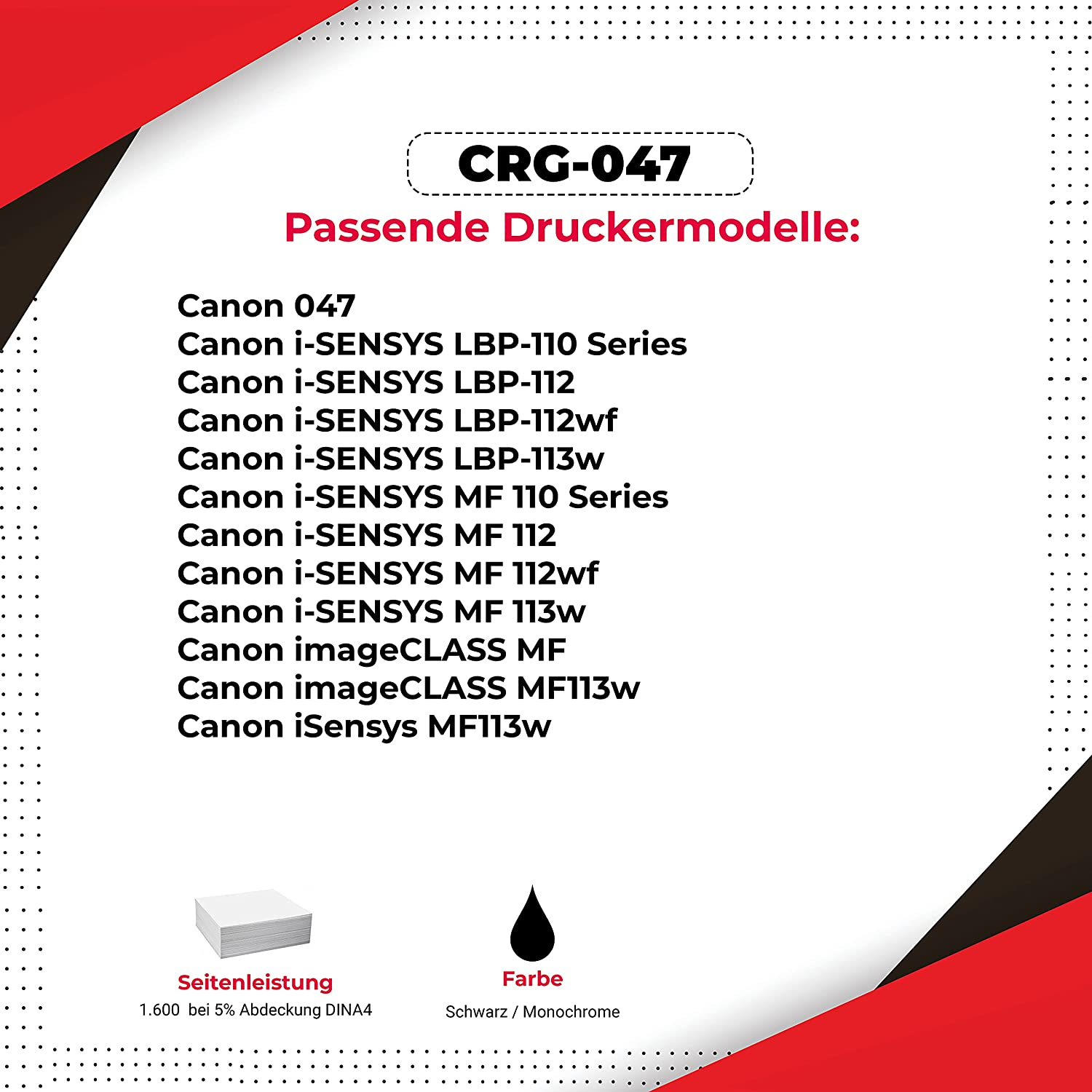 Liste kompatibler Canon-Druckermodelle und Details zur schwarzen Tinte auf rotem und schwarzem Hintergrund.