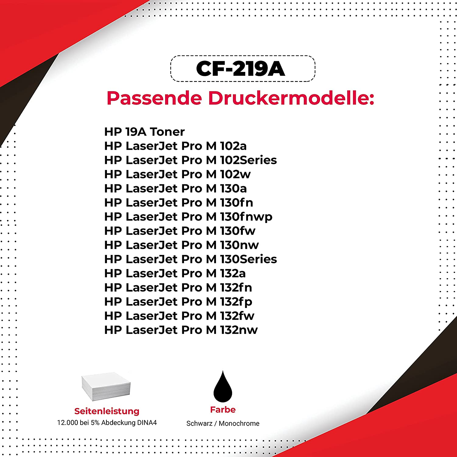 Text auf weißem Hintergrund mit einer Liste von Druckermodellen und einer Tonerkartusche.