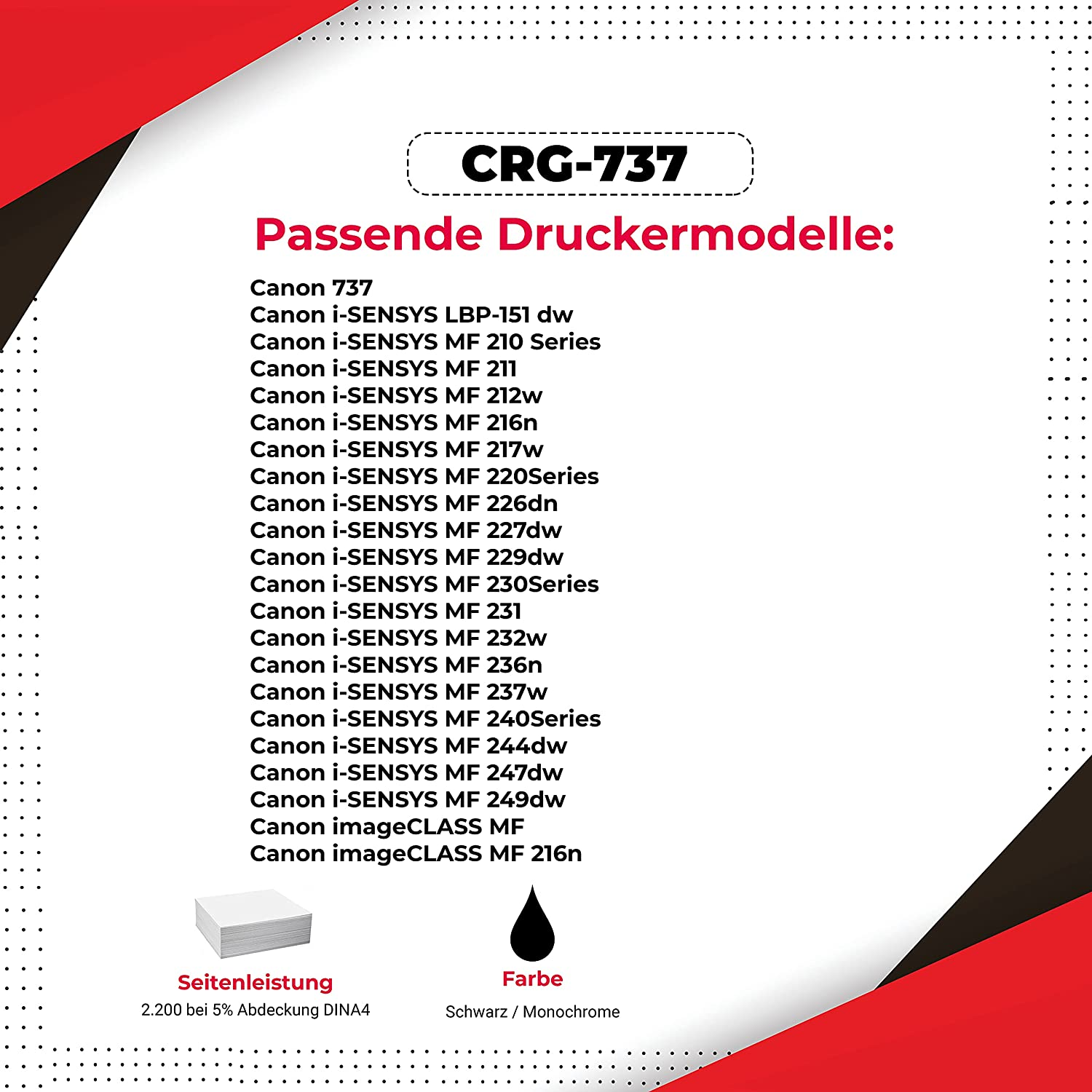 Das Bild zeigt eine Liste kompatibler Druckermodelle und ein Bild von Papier und einem schwarzen Tintenpunkt.