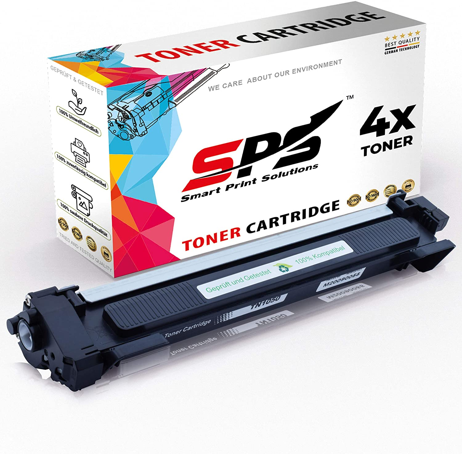Eine weiße und schwarze Tonerkartusche mit einer Schachtel. Auf der Schachtel steht 'TONER CARTRIDGE' und '4X TONER'.